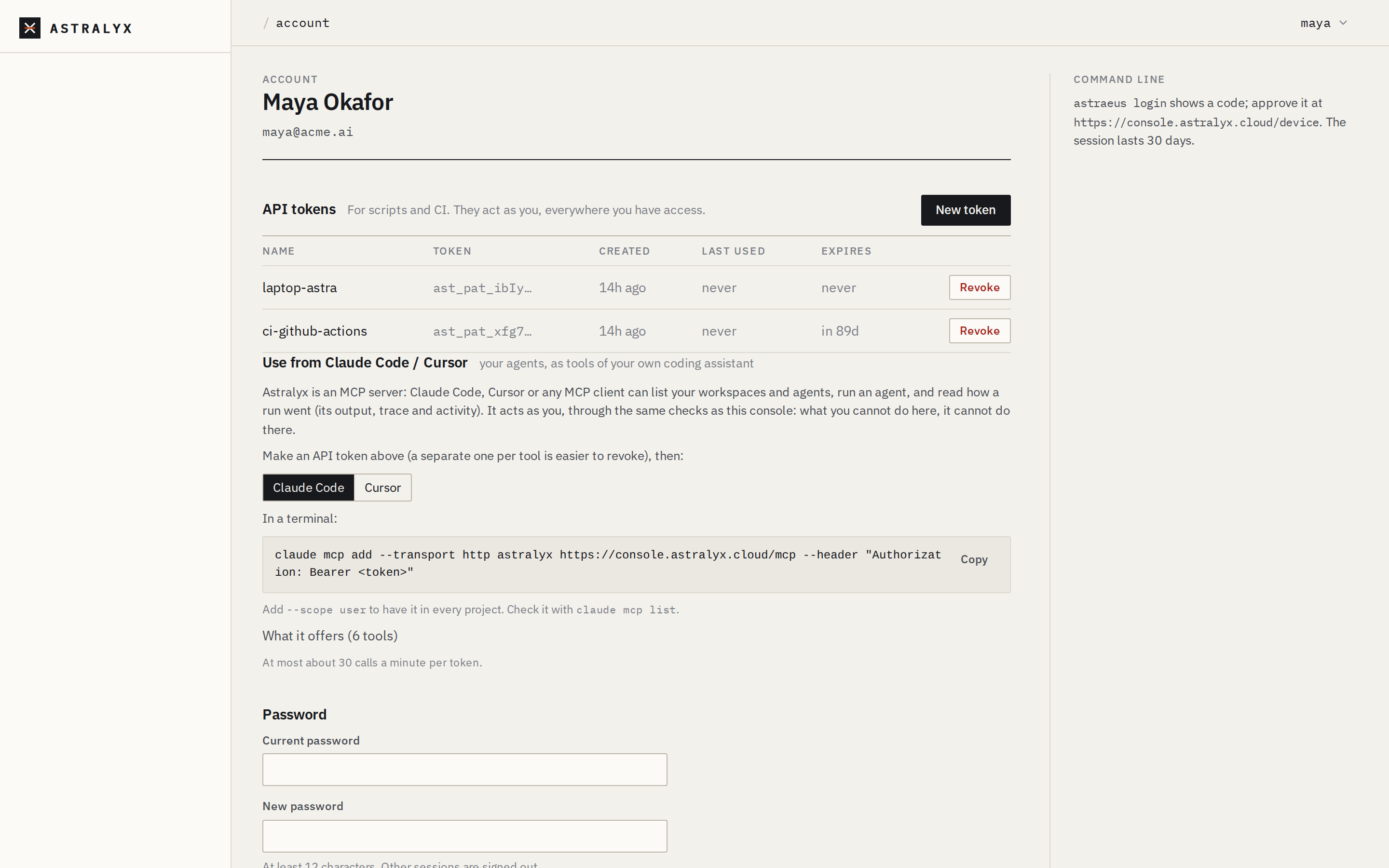 The Account page with API tokens, their last use and expiry