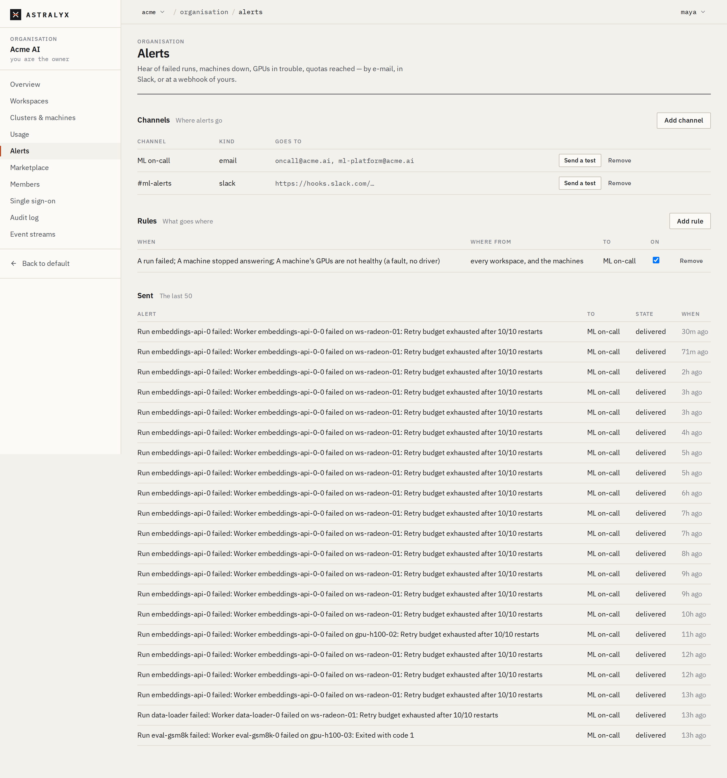 The Alerts page with two channels, three rules and recent deliveries