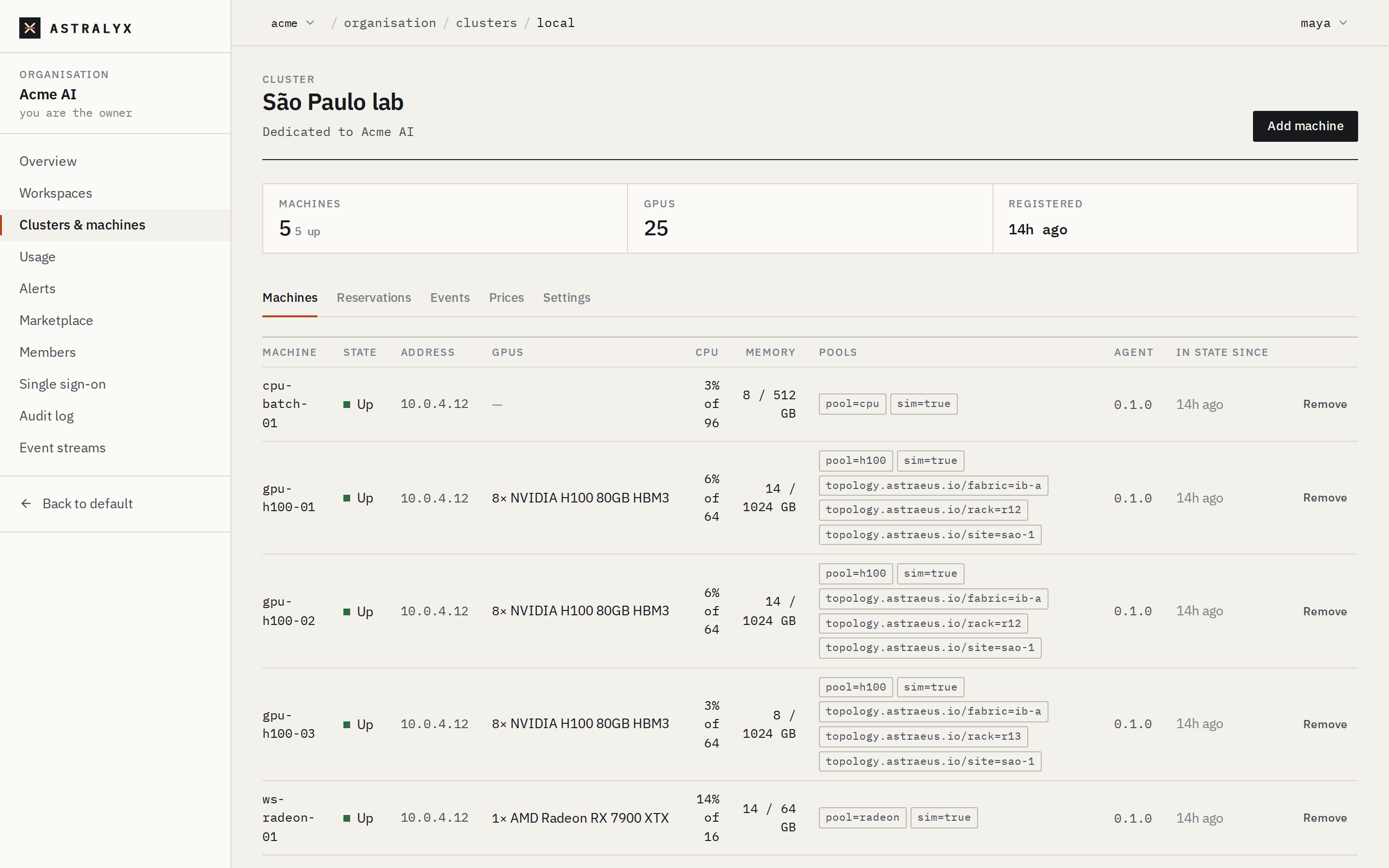 A cluster's Machines tab with five machines, their pools and agent release