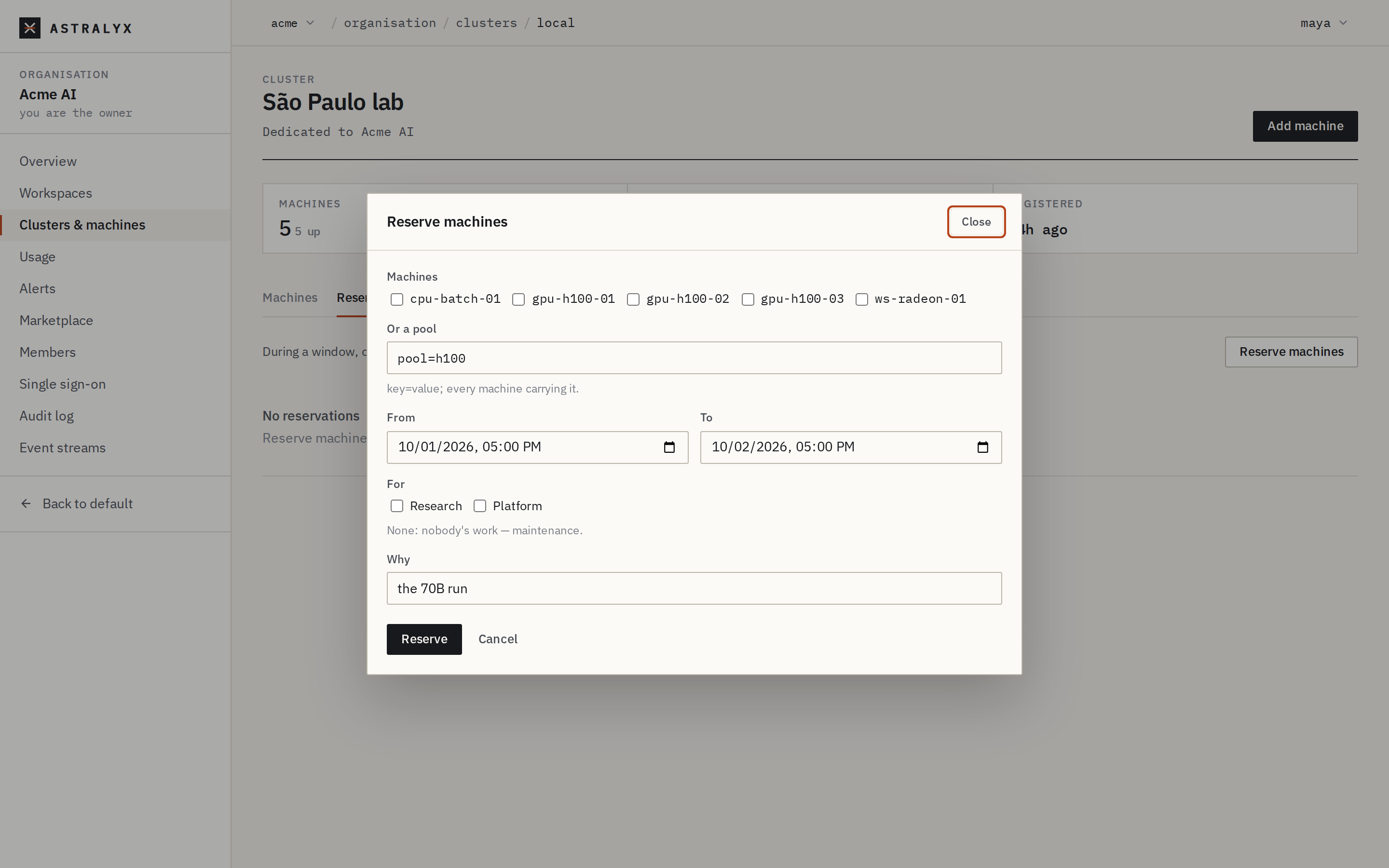 The Reserve machines dialog: machines or a pool, the window, the workspaces it is for and why