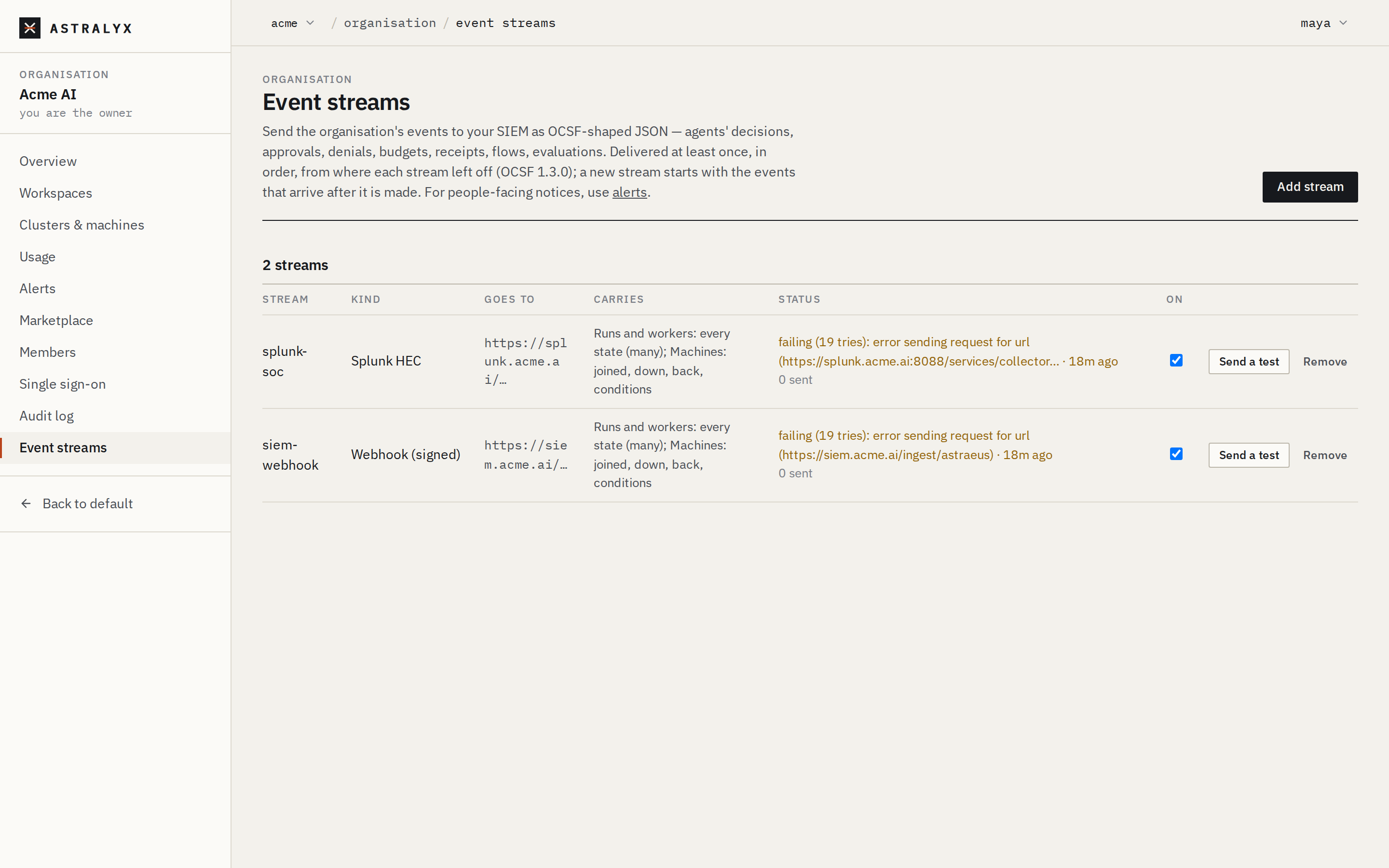 The Event streams page with a Splunk stream delivering and a webhook failing