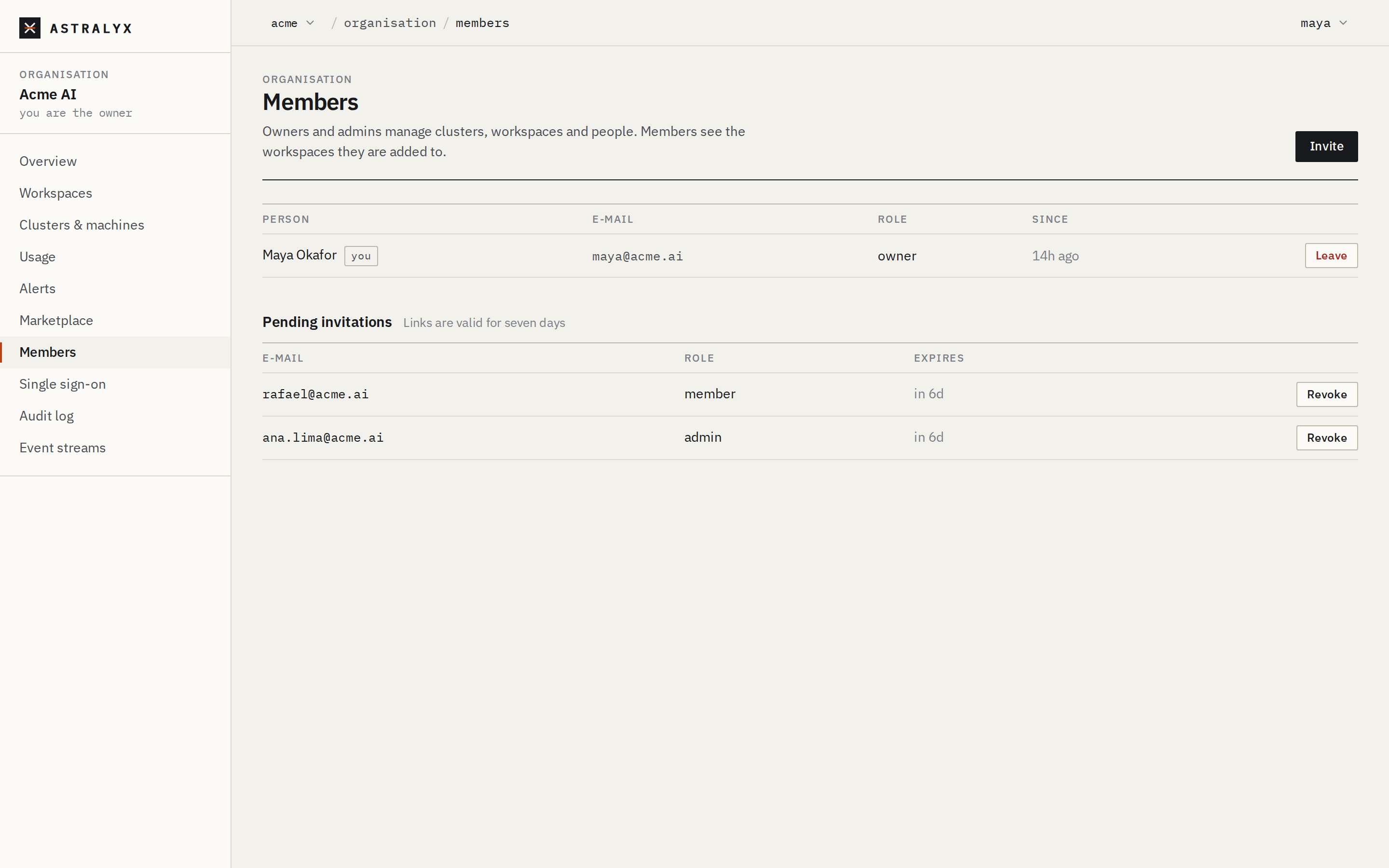 The Members page with its owner and two pending invitations