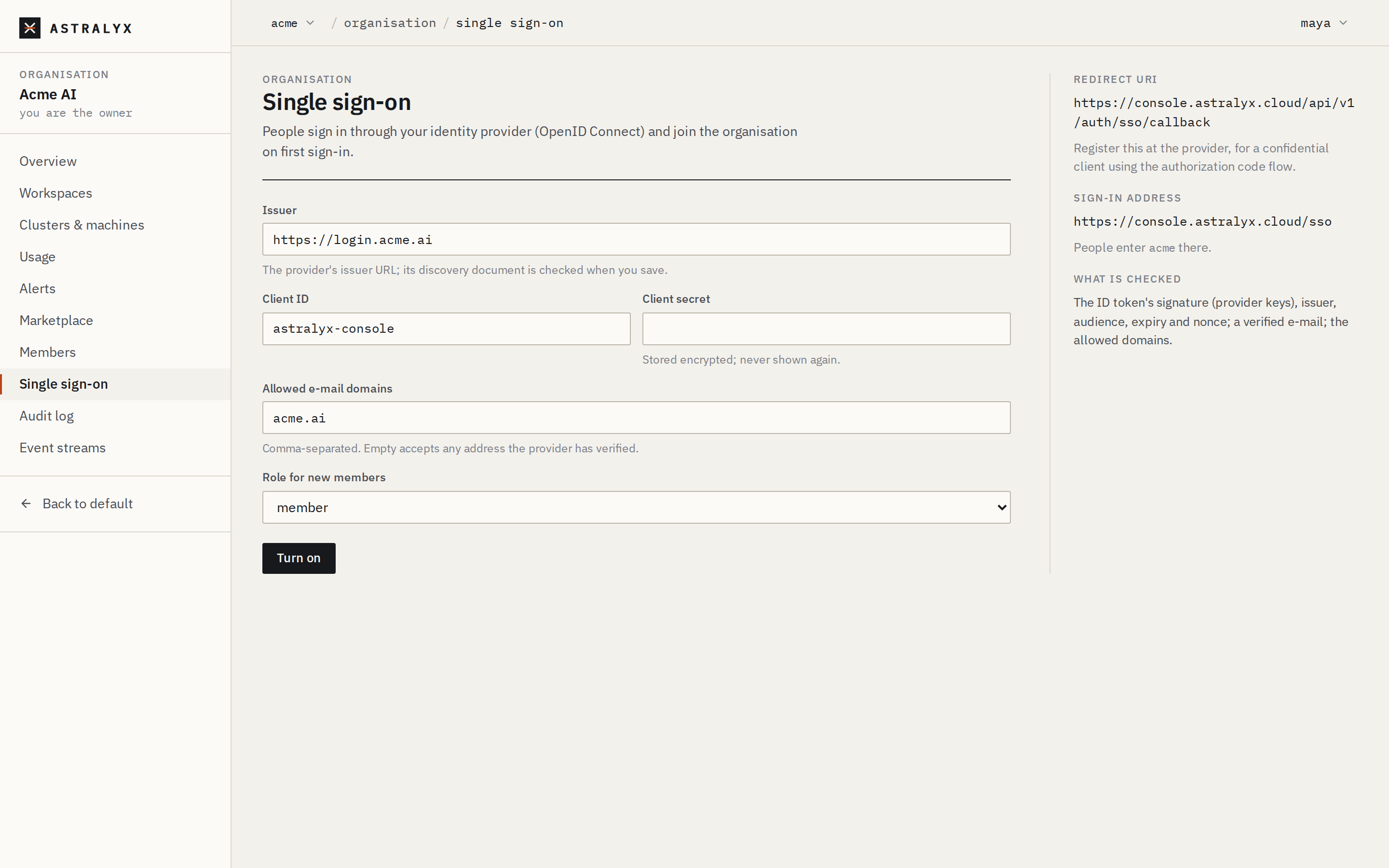 Single sign-on settings with an issuer, a client ID and an allowed domain, and the redirect URI at the side
