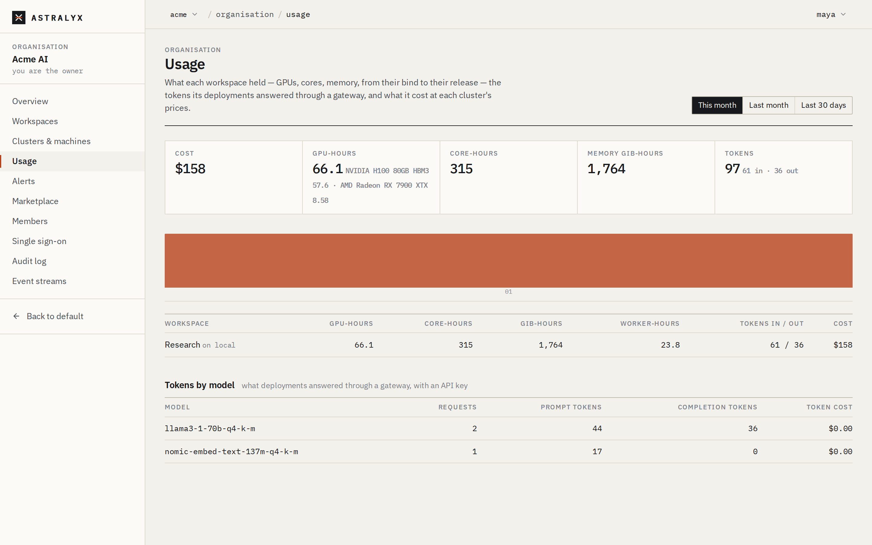 Organisation usage for this month, by workspace and day