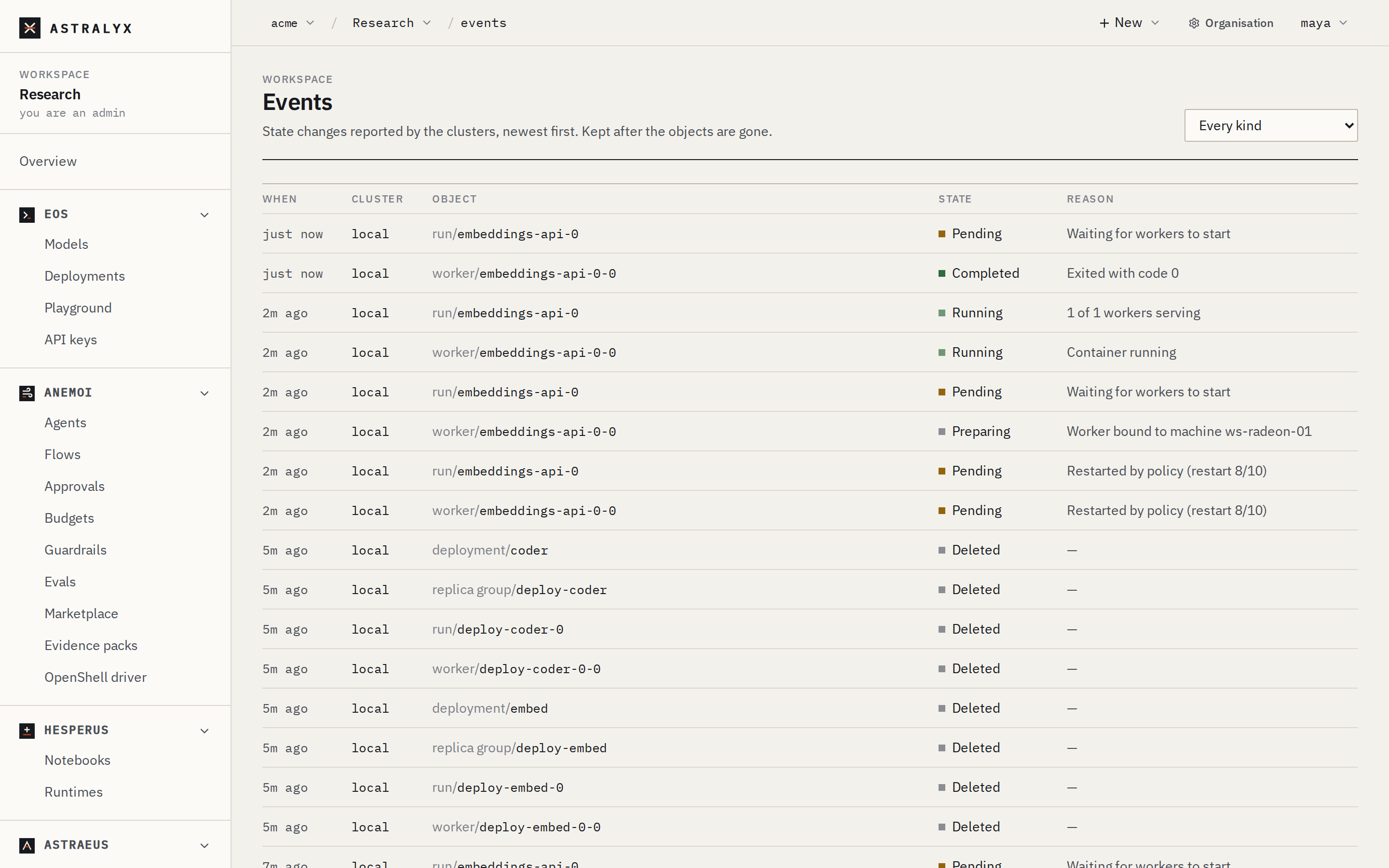 A workspace's Events page filtered to runs