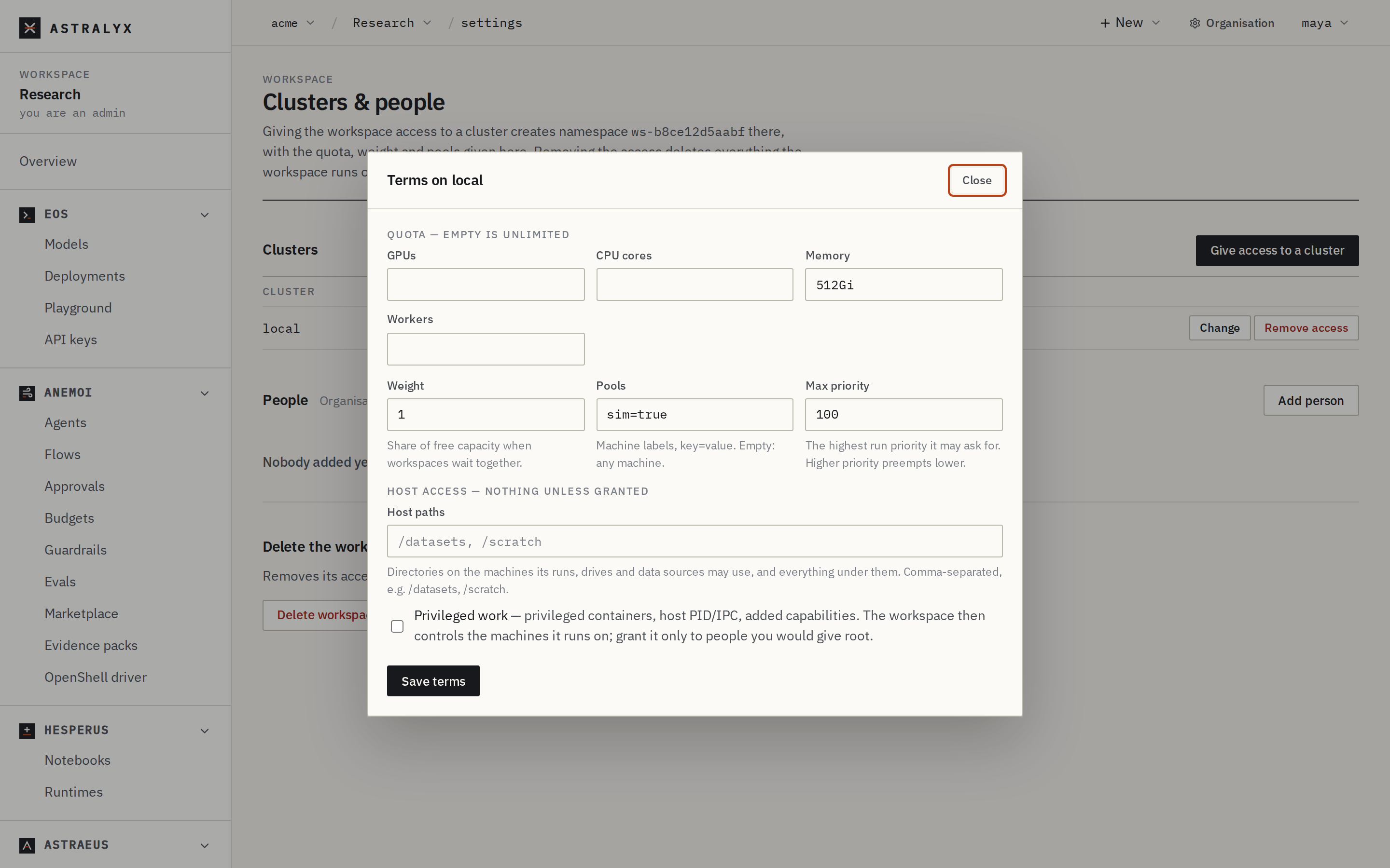 The Terms dialog with quota, weight, pools, max priority and host access