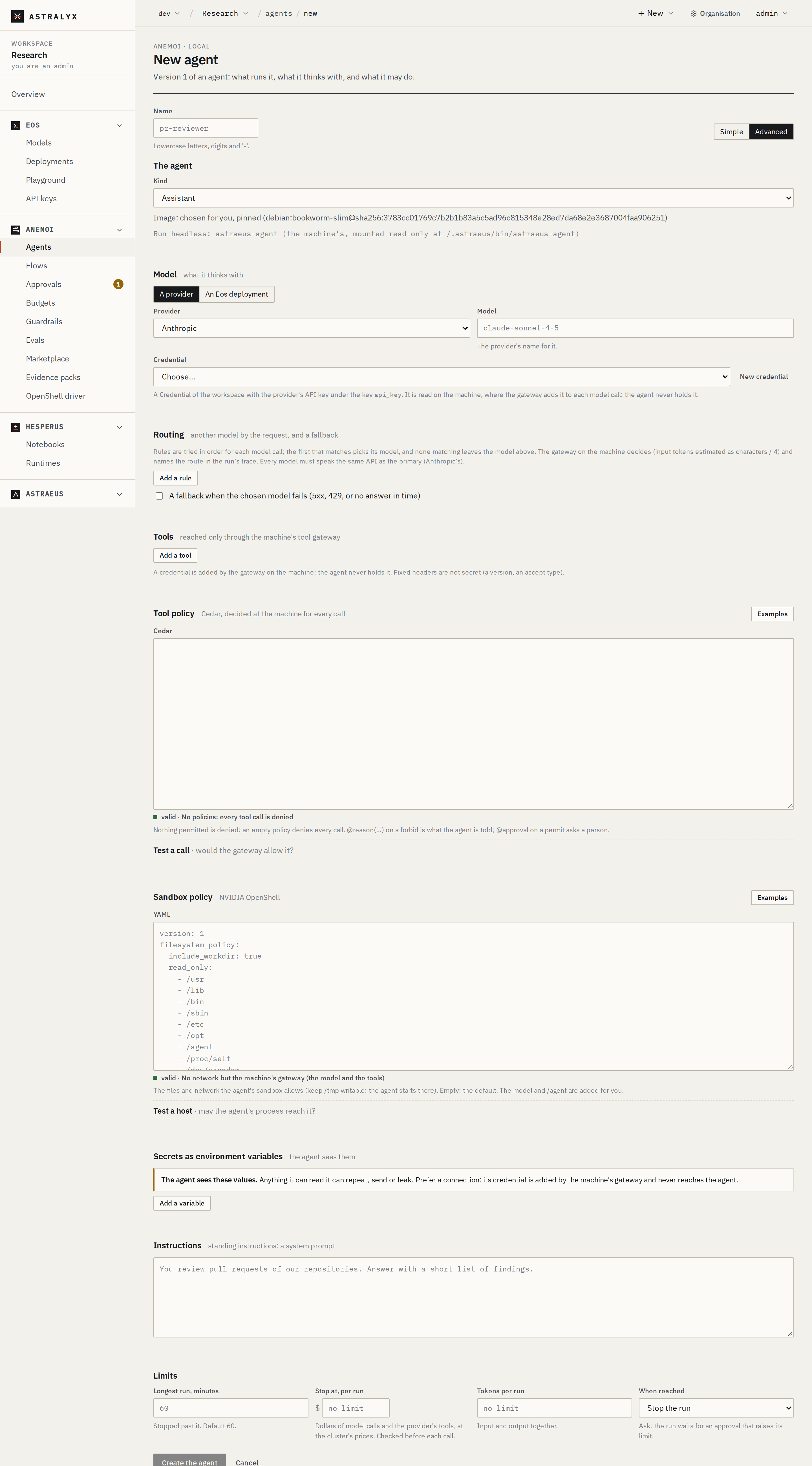 New agent, Advanced mode: kind, model and routing, tools, the Cedar tool policy and the OpenShell sandbox policy, each checked as you type