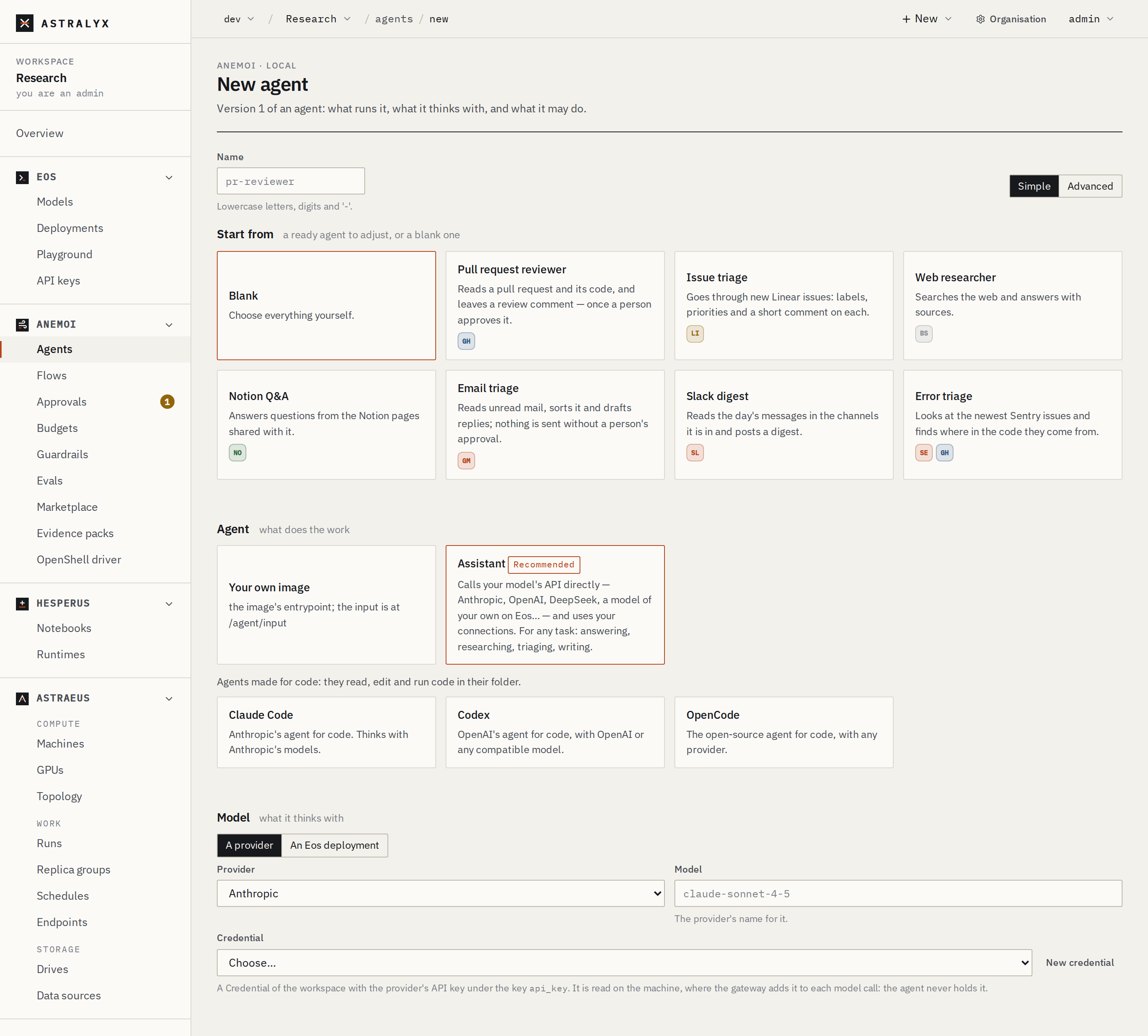 New agent, Simple mode: start from a ready agent or a blank one, then the agent, the model, connections and rules