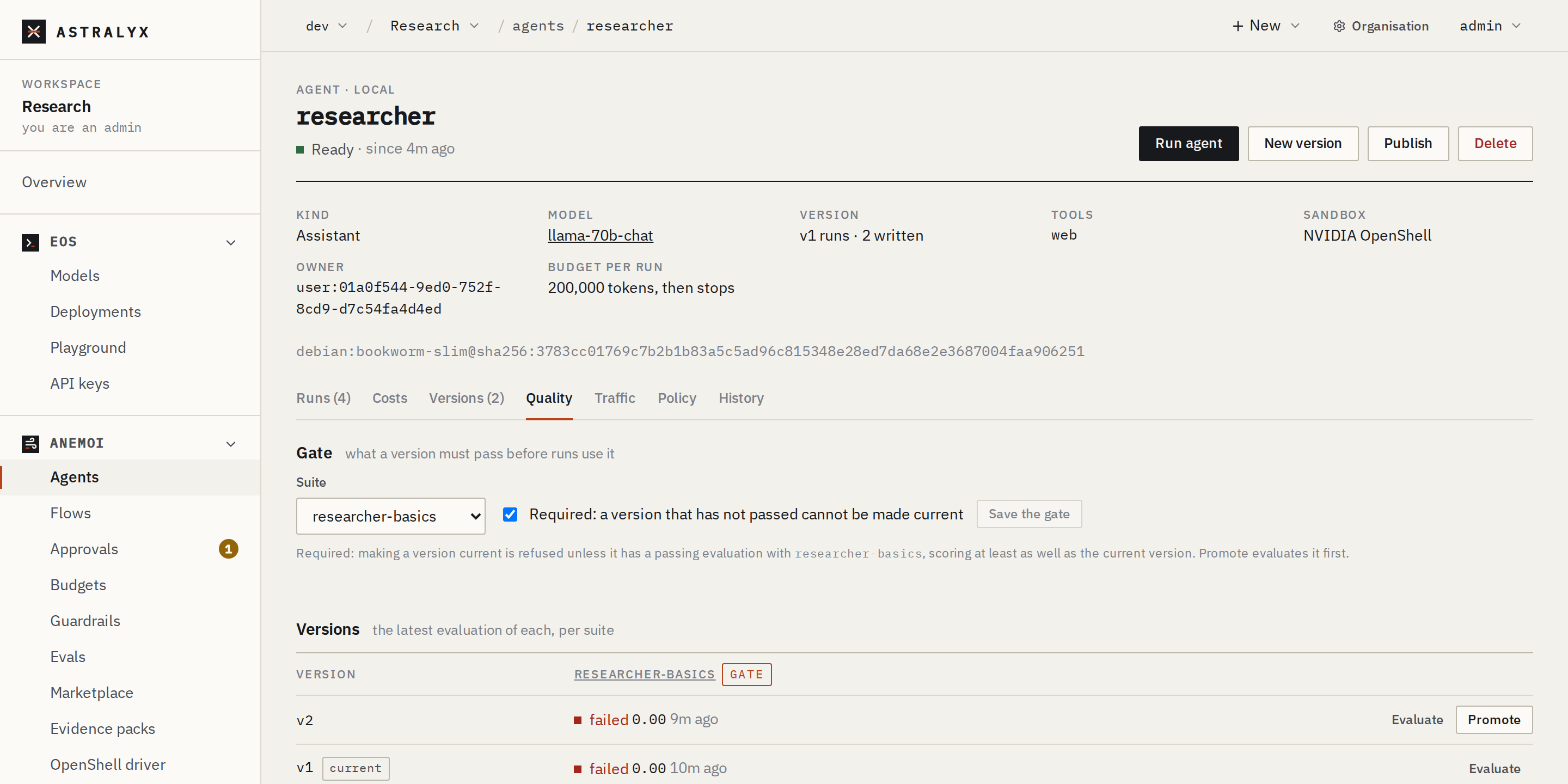 An agent's Quality tab: the gate, and each version's latest evaluation