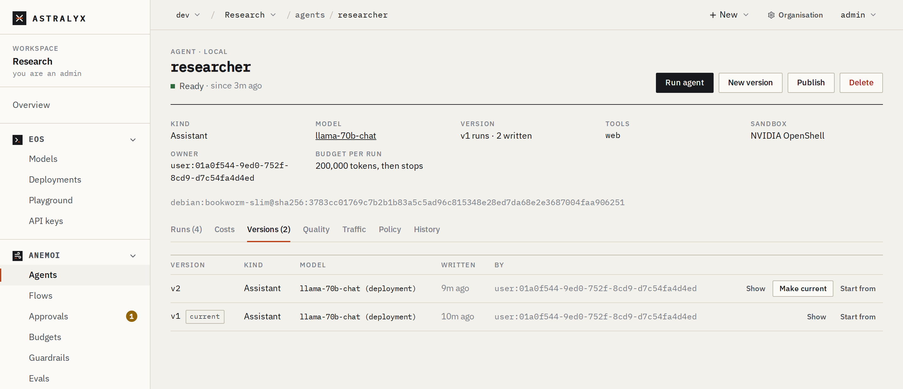 An agent's Versions tab