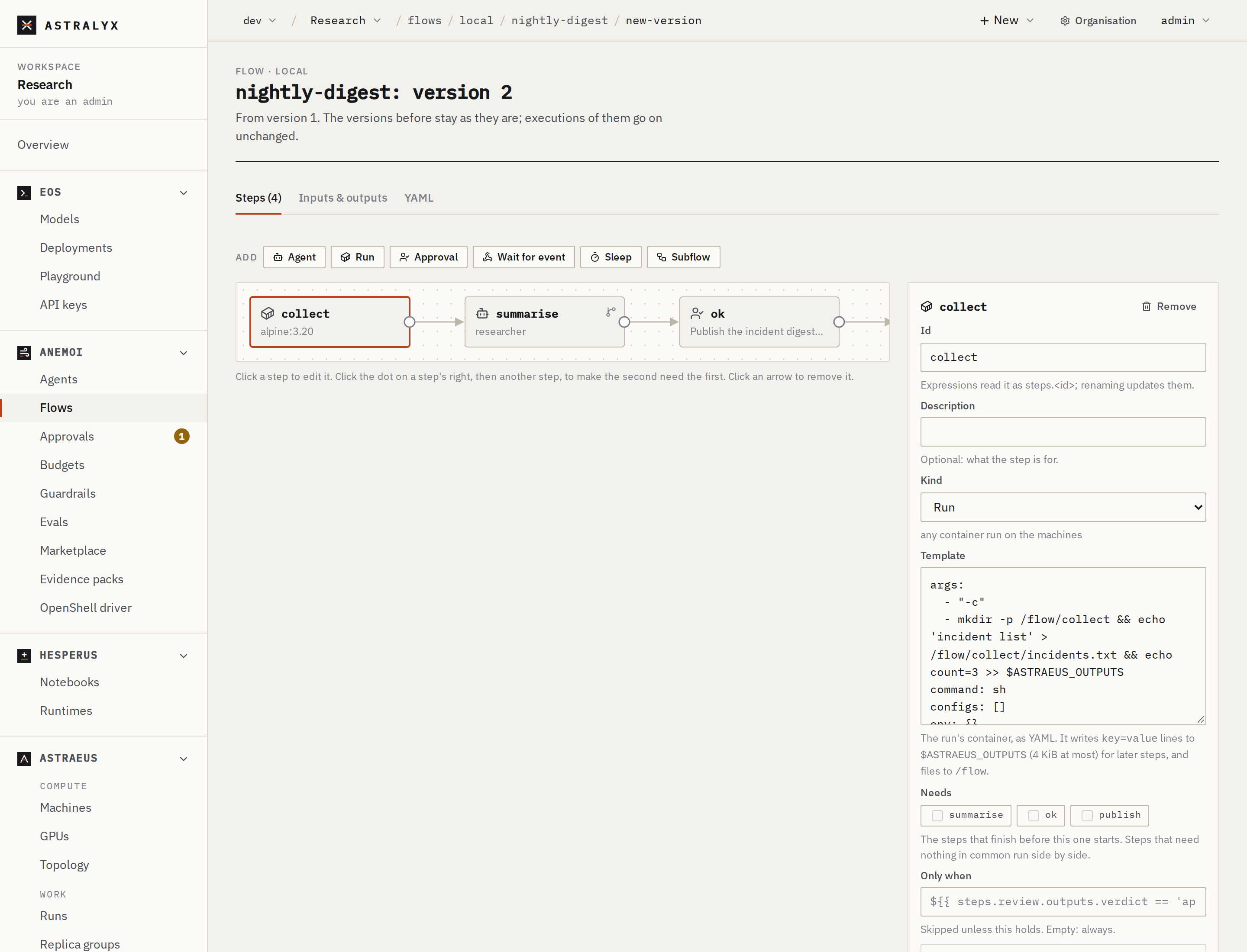 The flow editor: steps as a graph, the selected step's fields on the right