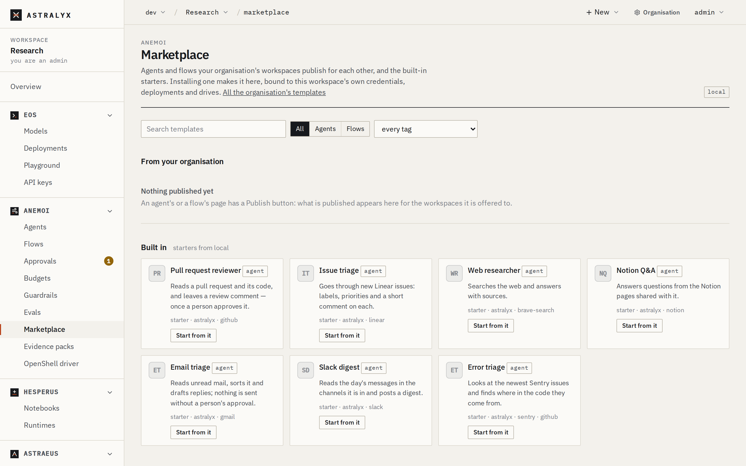 The workspace's marketplace: the organisation's templates, then the built-in starters
