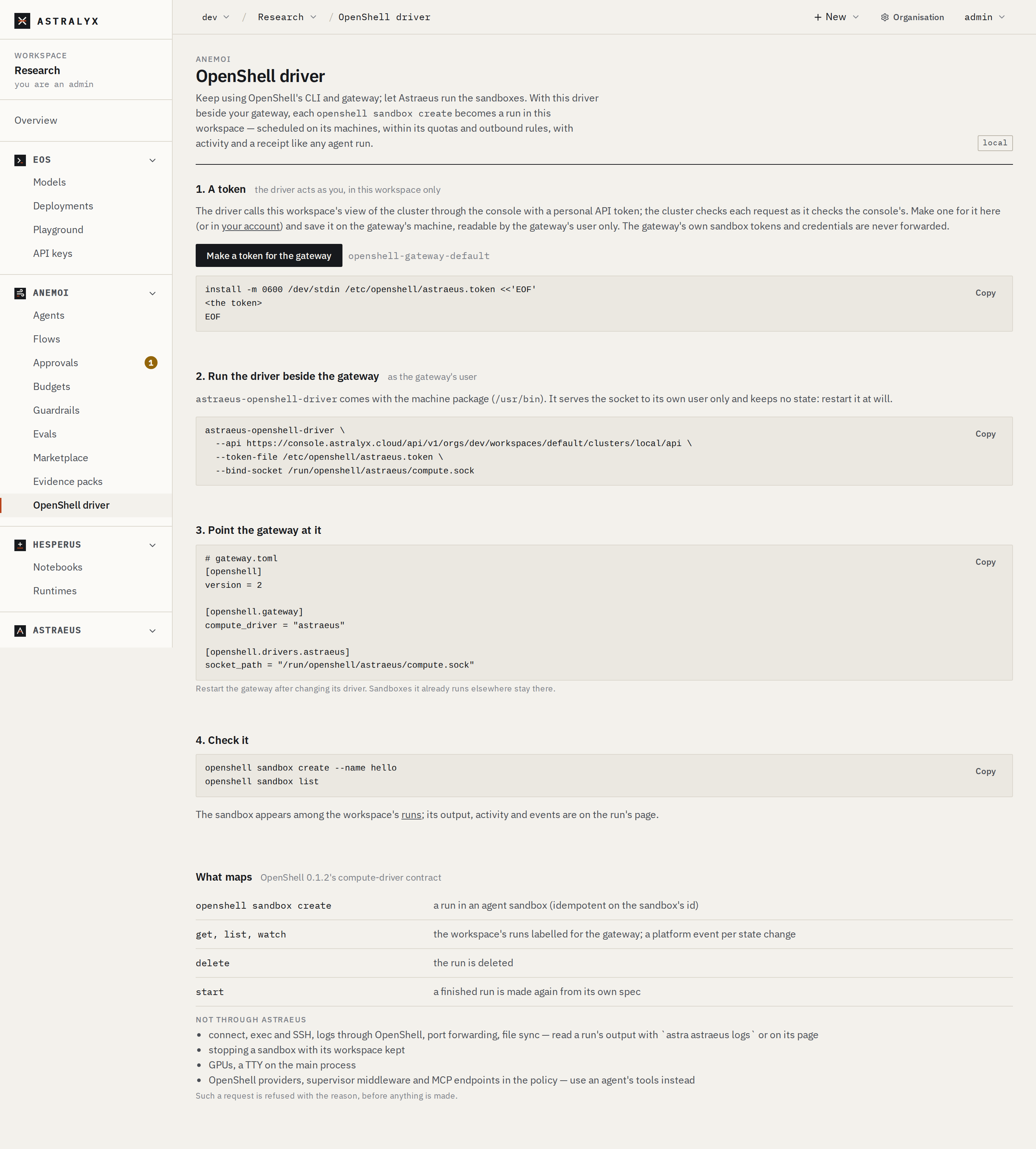 The OpenShell driver page: a token, the driver's command line and the gateway's configuration