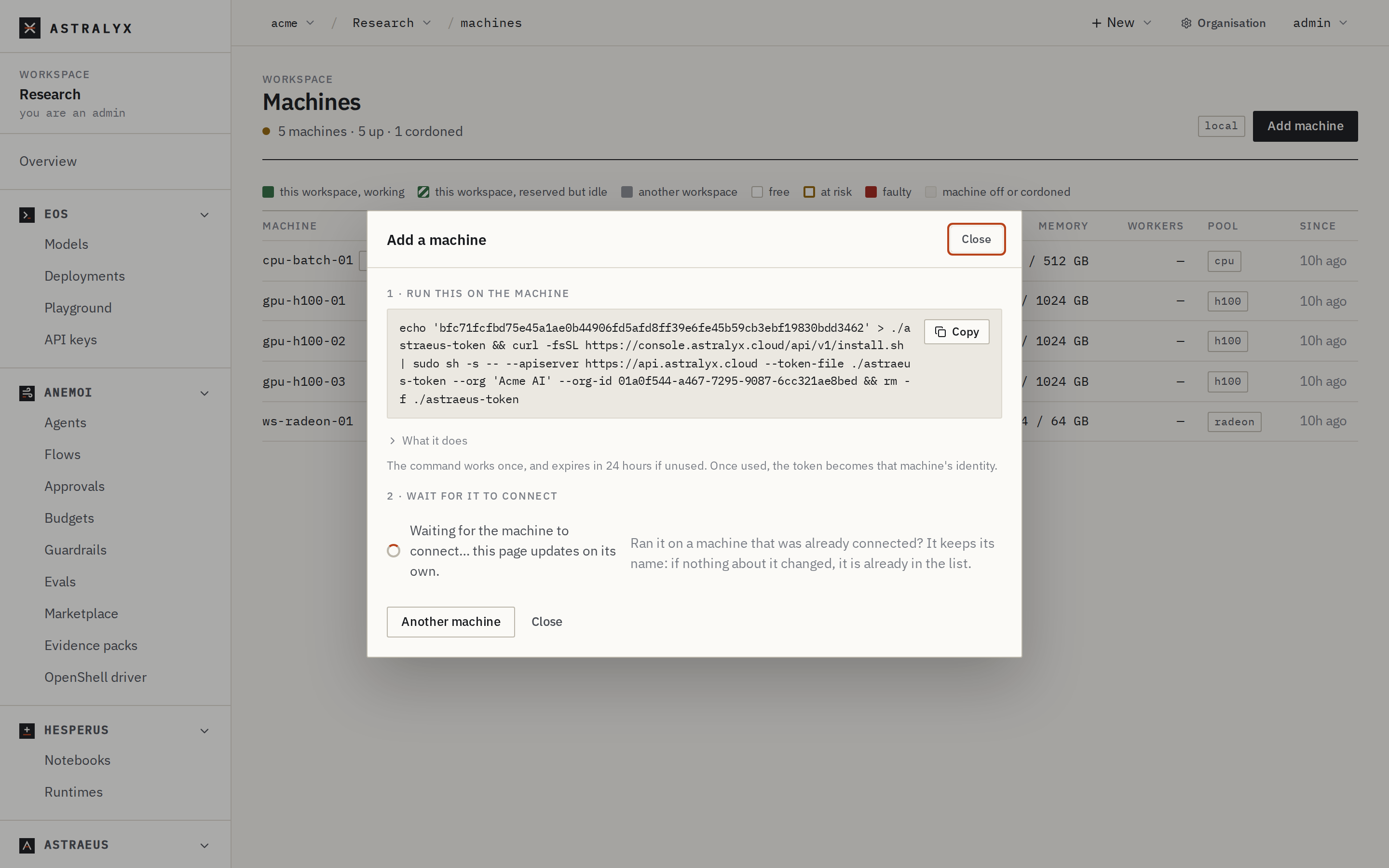 The Add a machine dialog with the install command, waiting for the machine to connect
