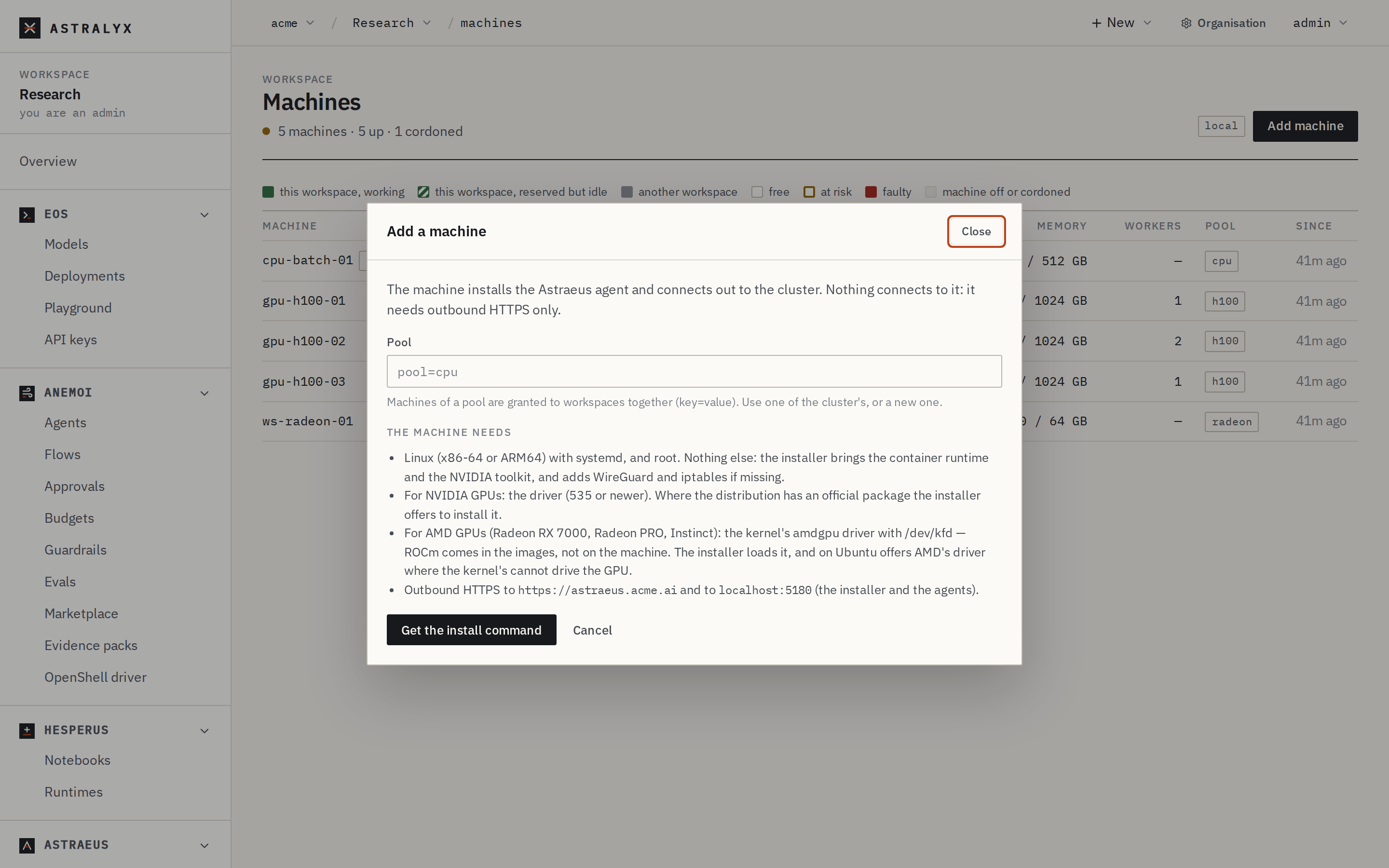 The Add a machine dialog, with the Pool field and what the machine needs