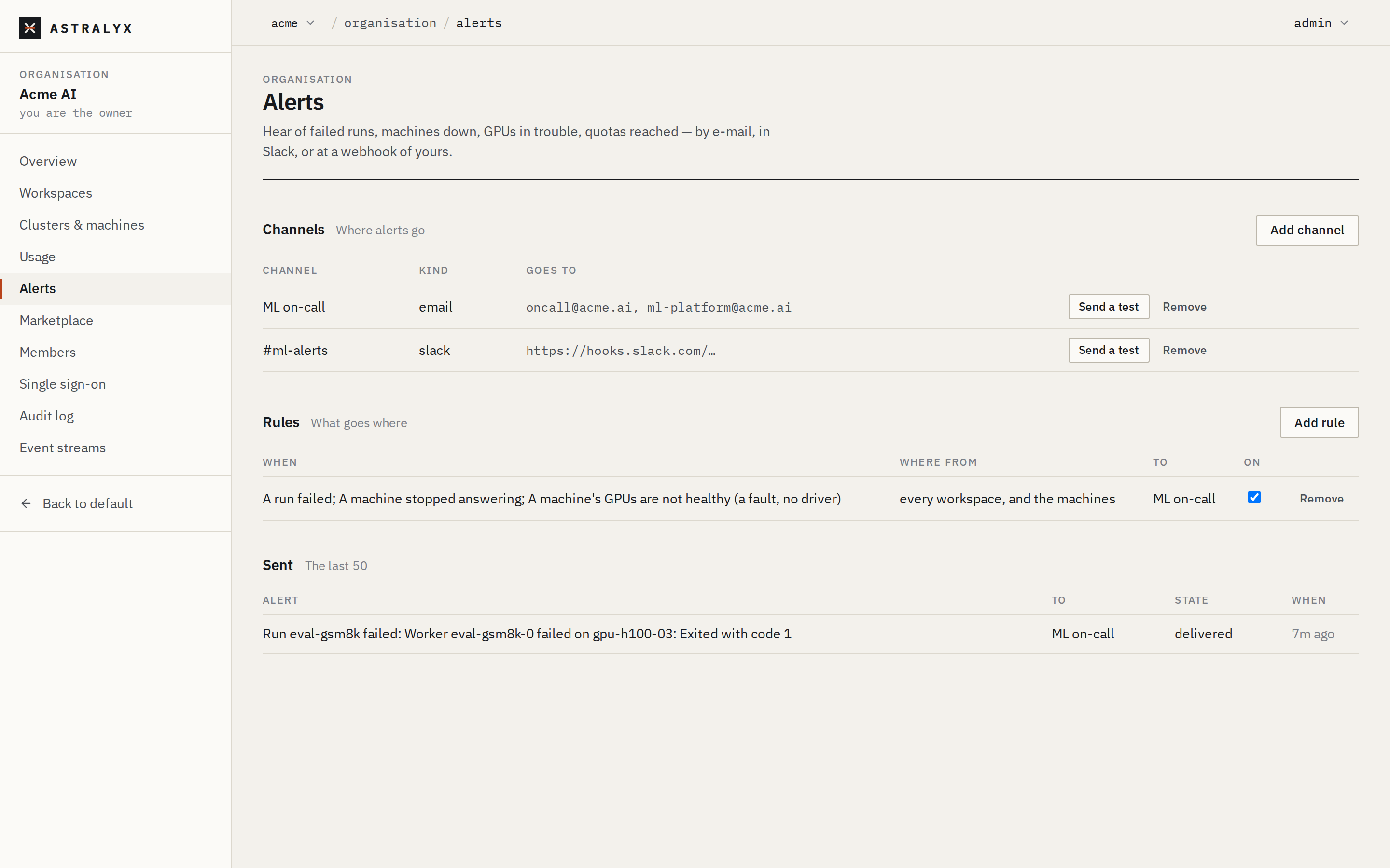 The Alerts page with two channels, three rules and recent deliveries