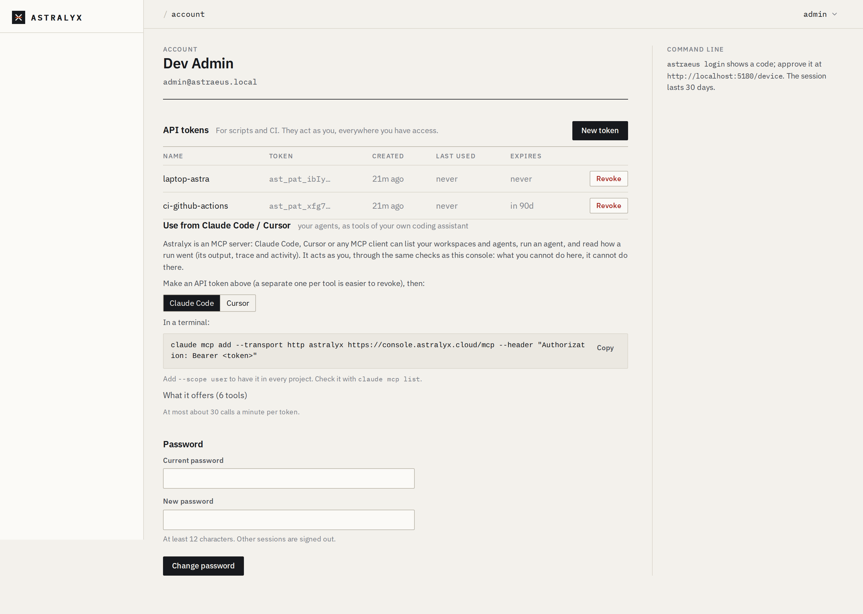 The Account page with two API tokens