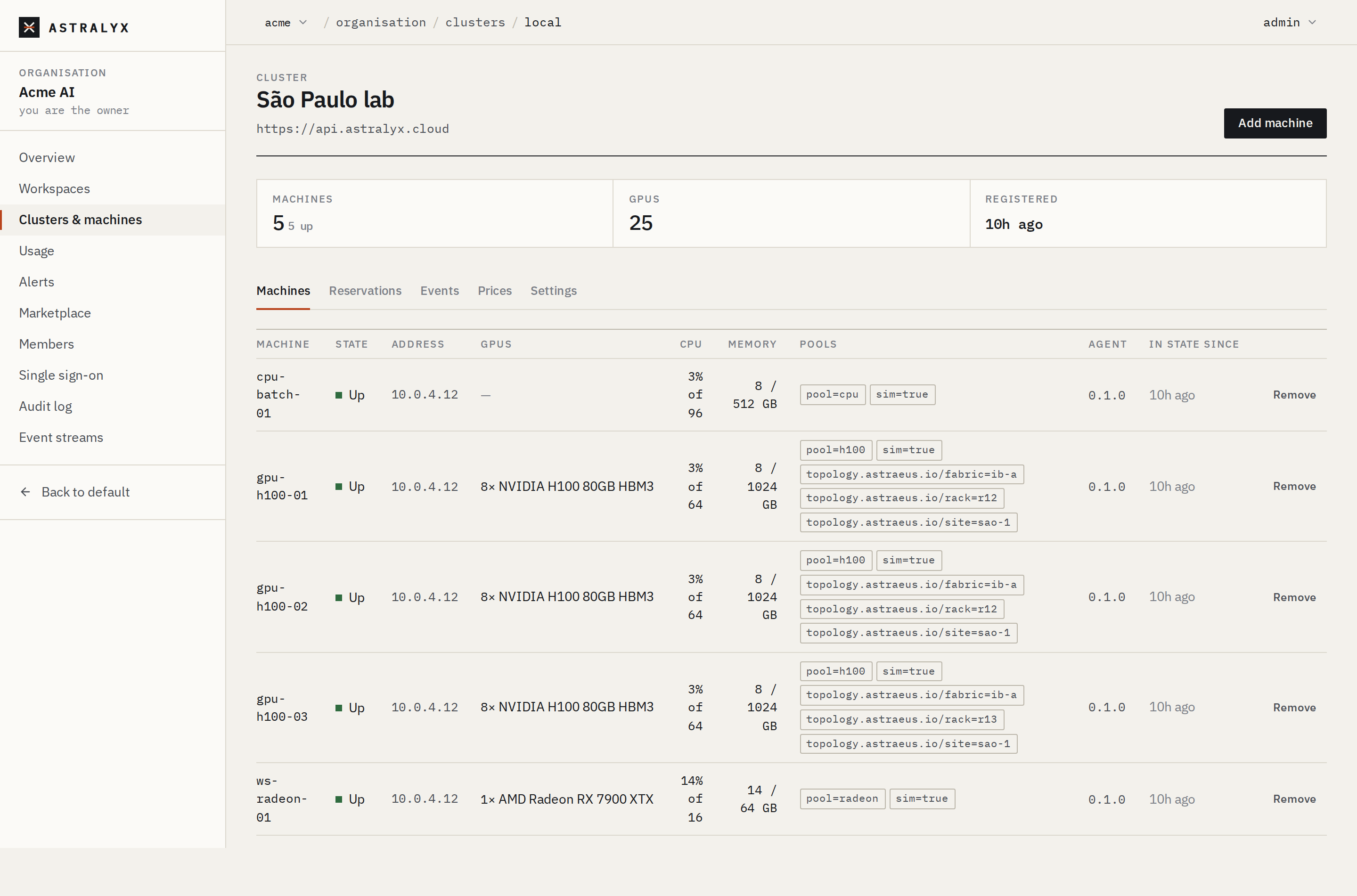 The cluster's Machines tab with the Agent column and the Update actions