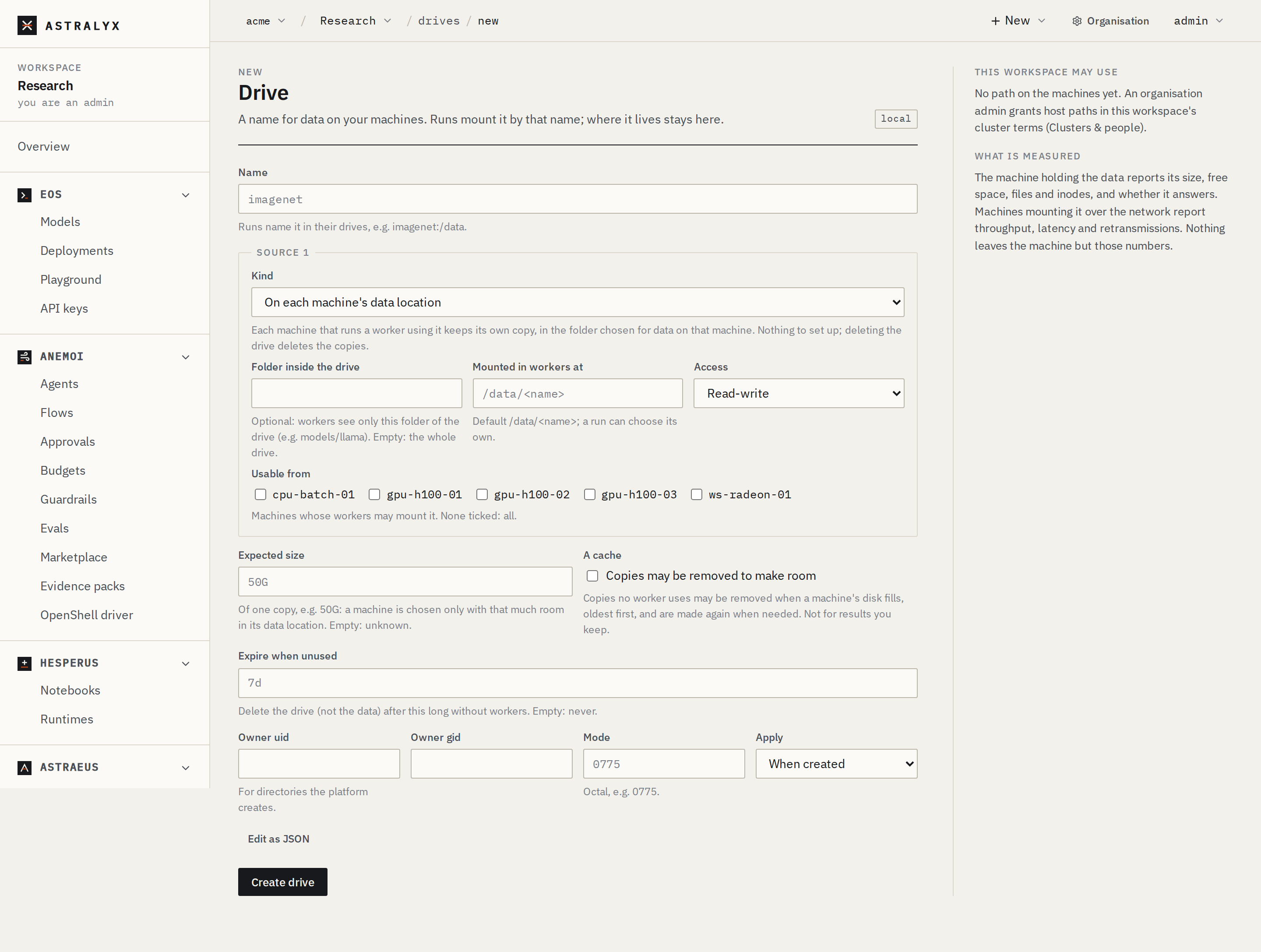 The New drive form with a shared filesystem source