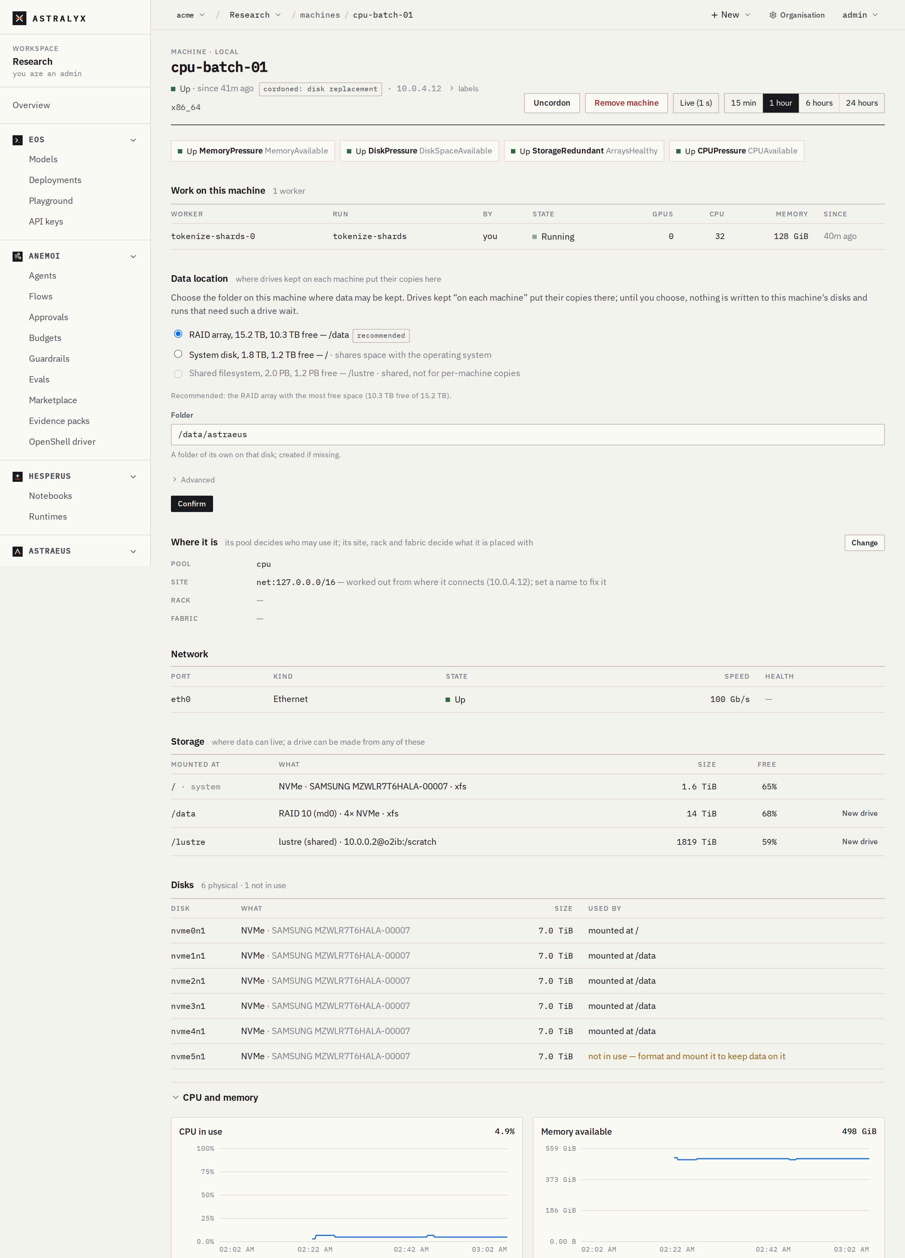 A cordoned machine's page with its reason and the Uncordon button