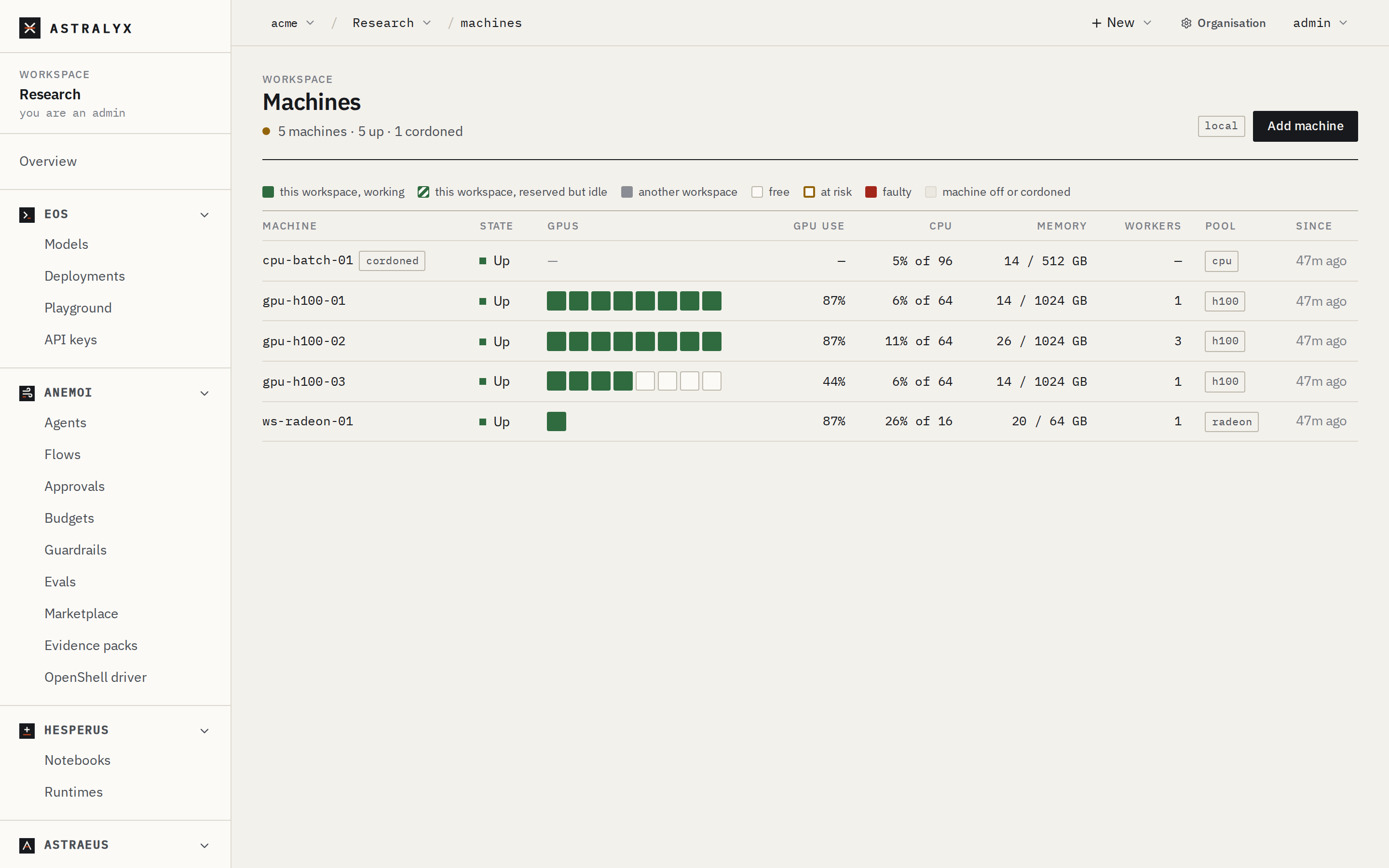The Machines page with one machine Up and its GPUs