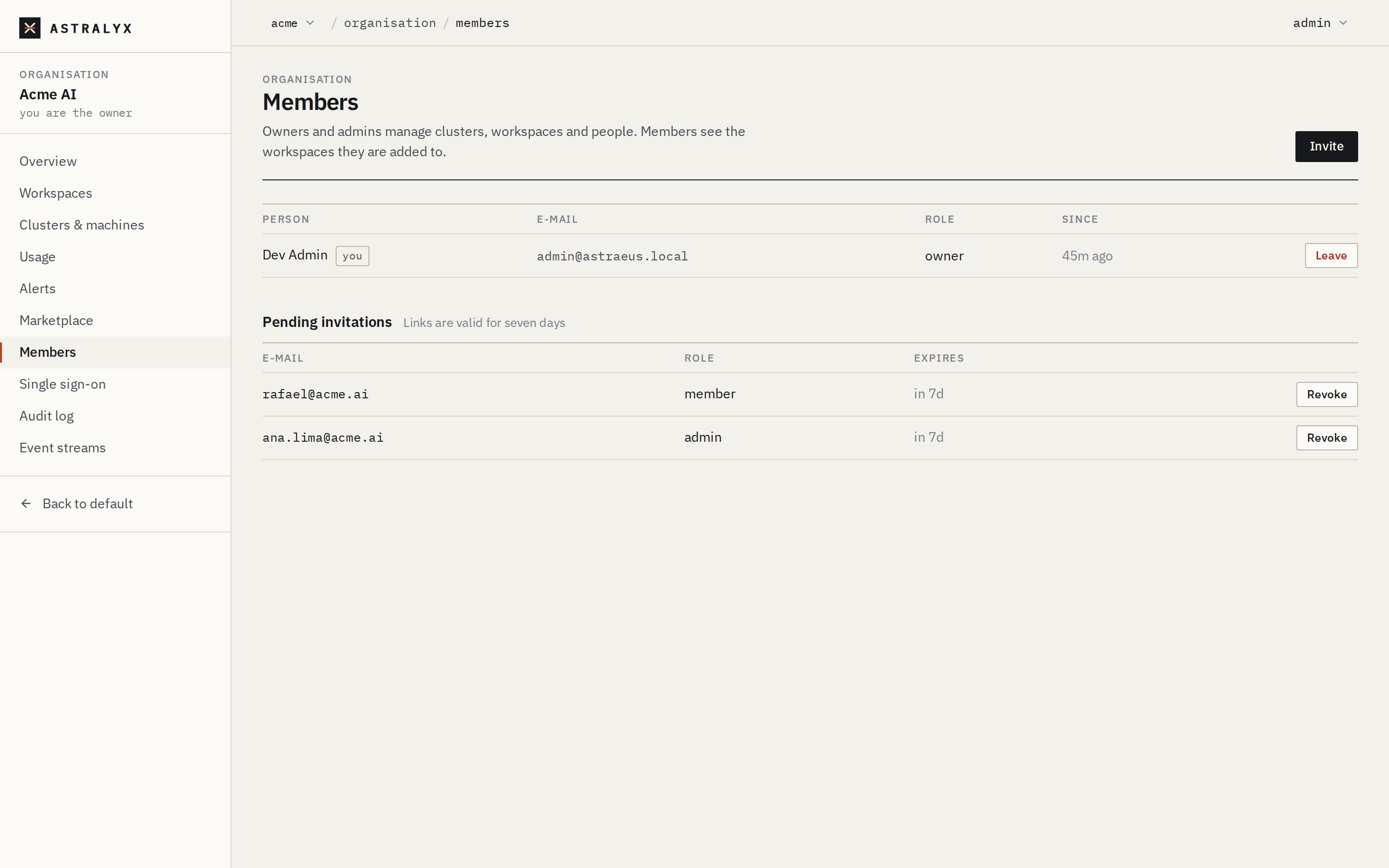The Members page with two members and one pending invitation