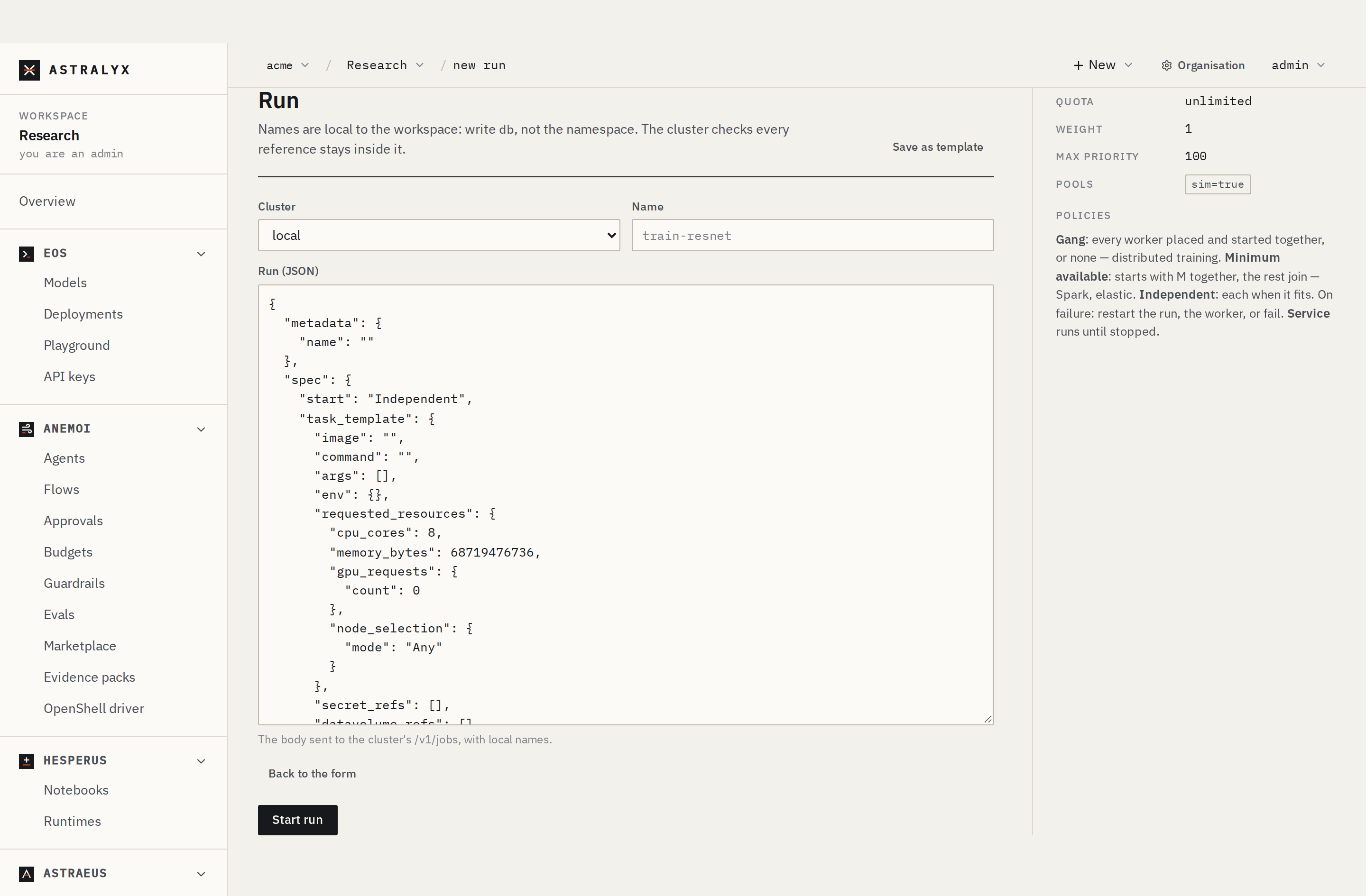 The New run form in JSON mode with the run specification