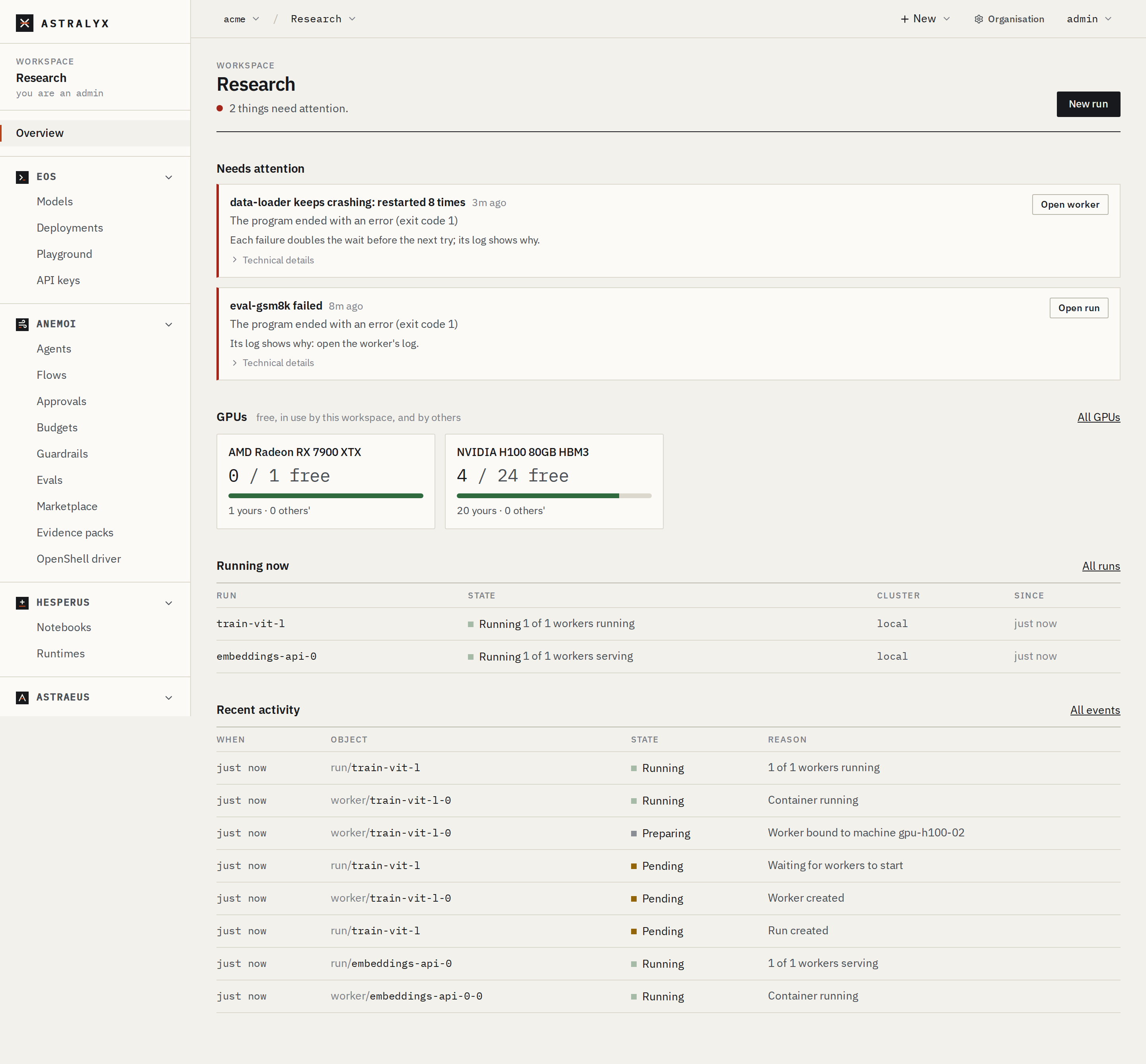 The workspace overview in the console: GPUs, running work and what needs attention