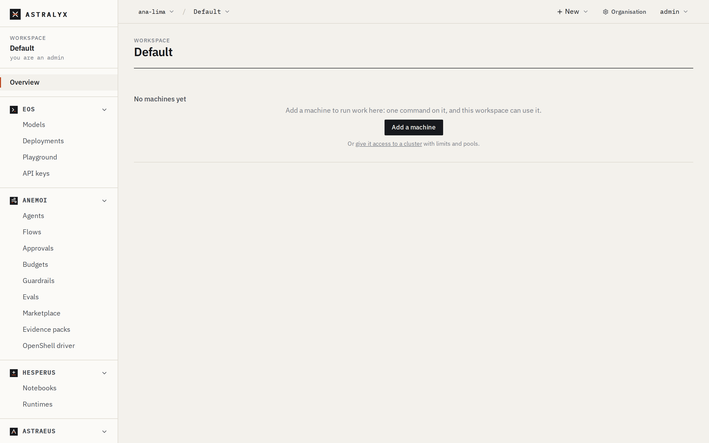 The workspace overview of a new account, with no machines yet