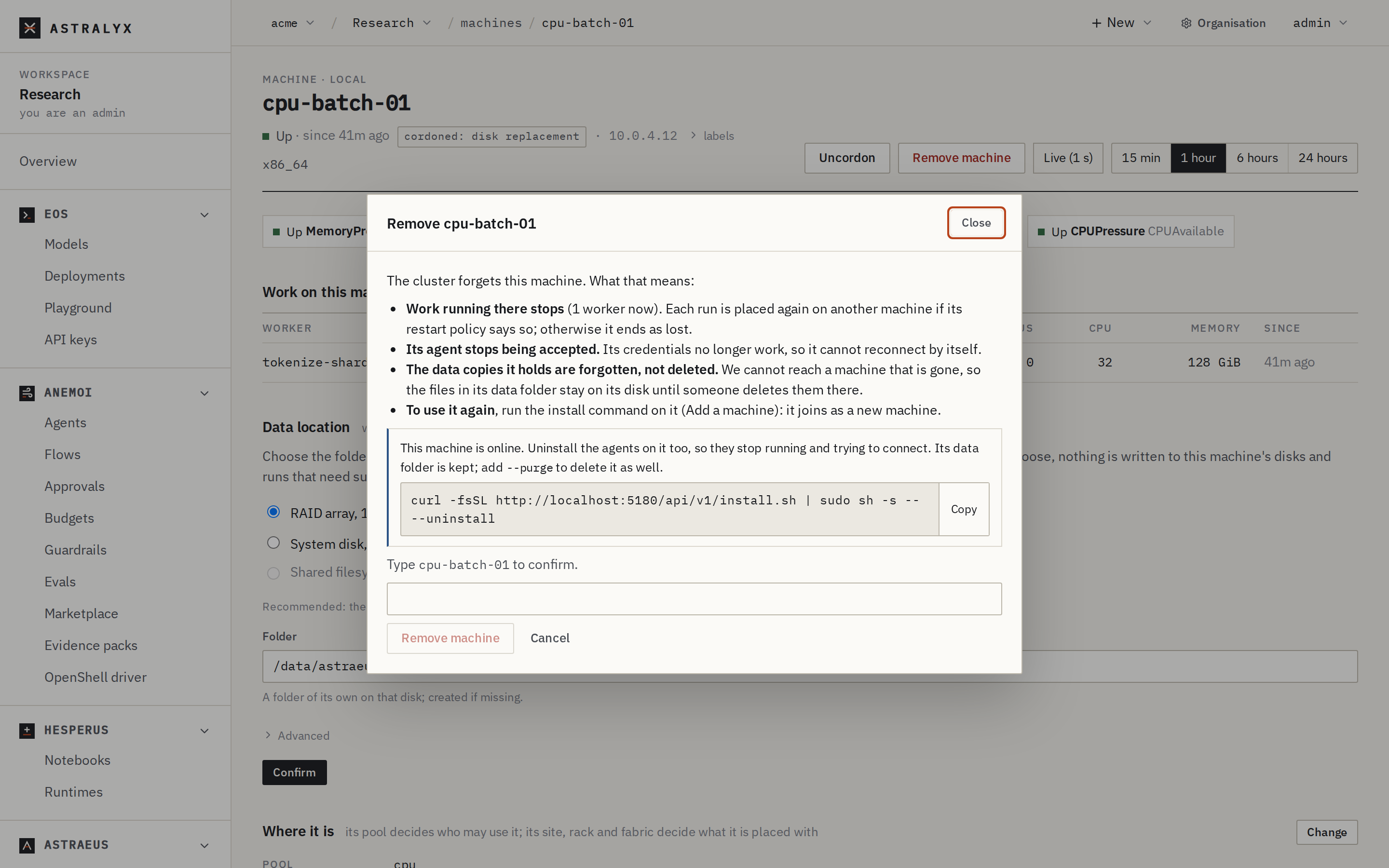 The Remove dialog with its consequences and the name to type