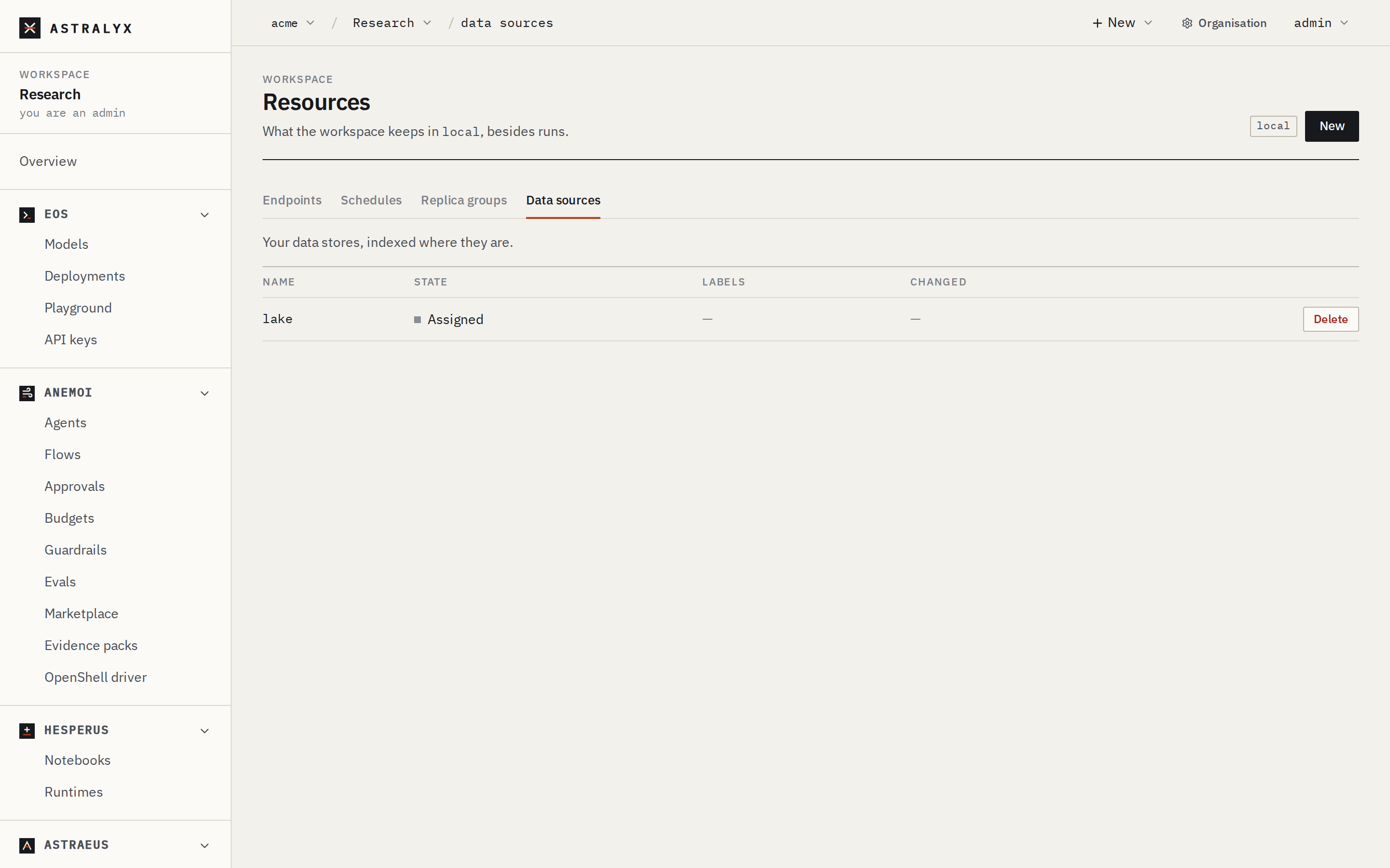 The Data sources tab of Resources