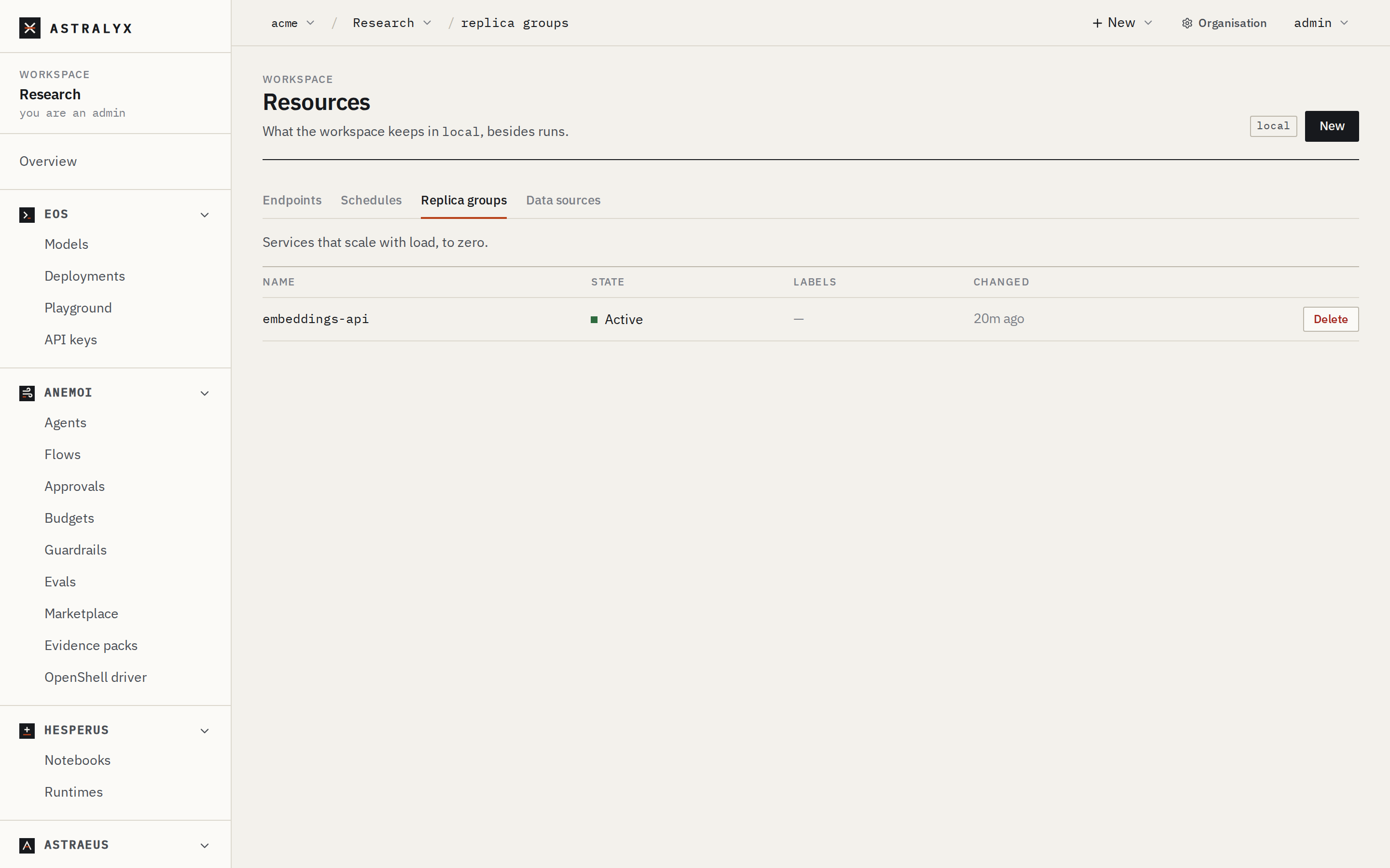 The Replica groups tab of Resources