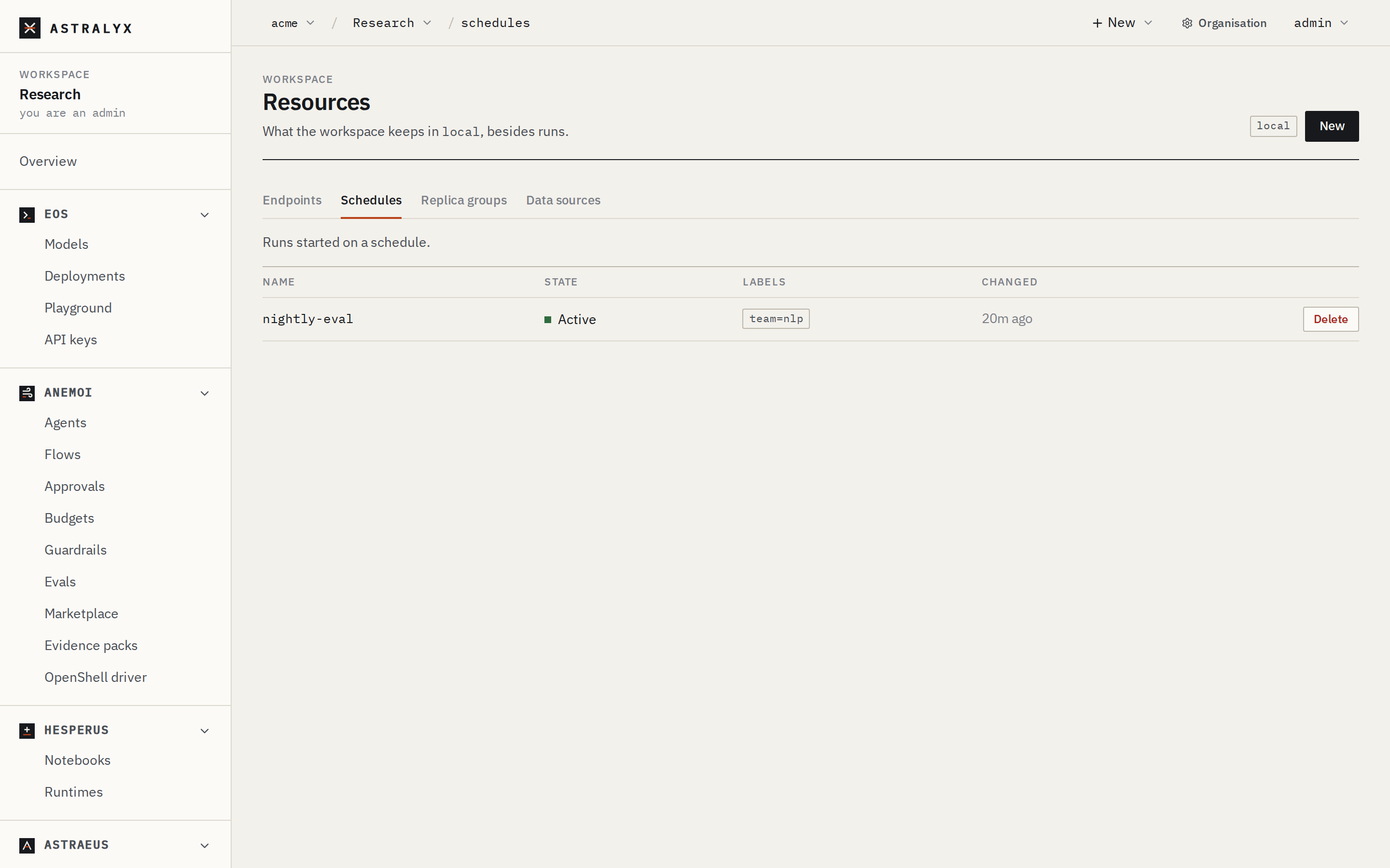 The Schedules tab of the Resources page