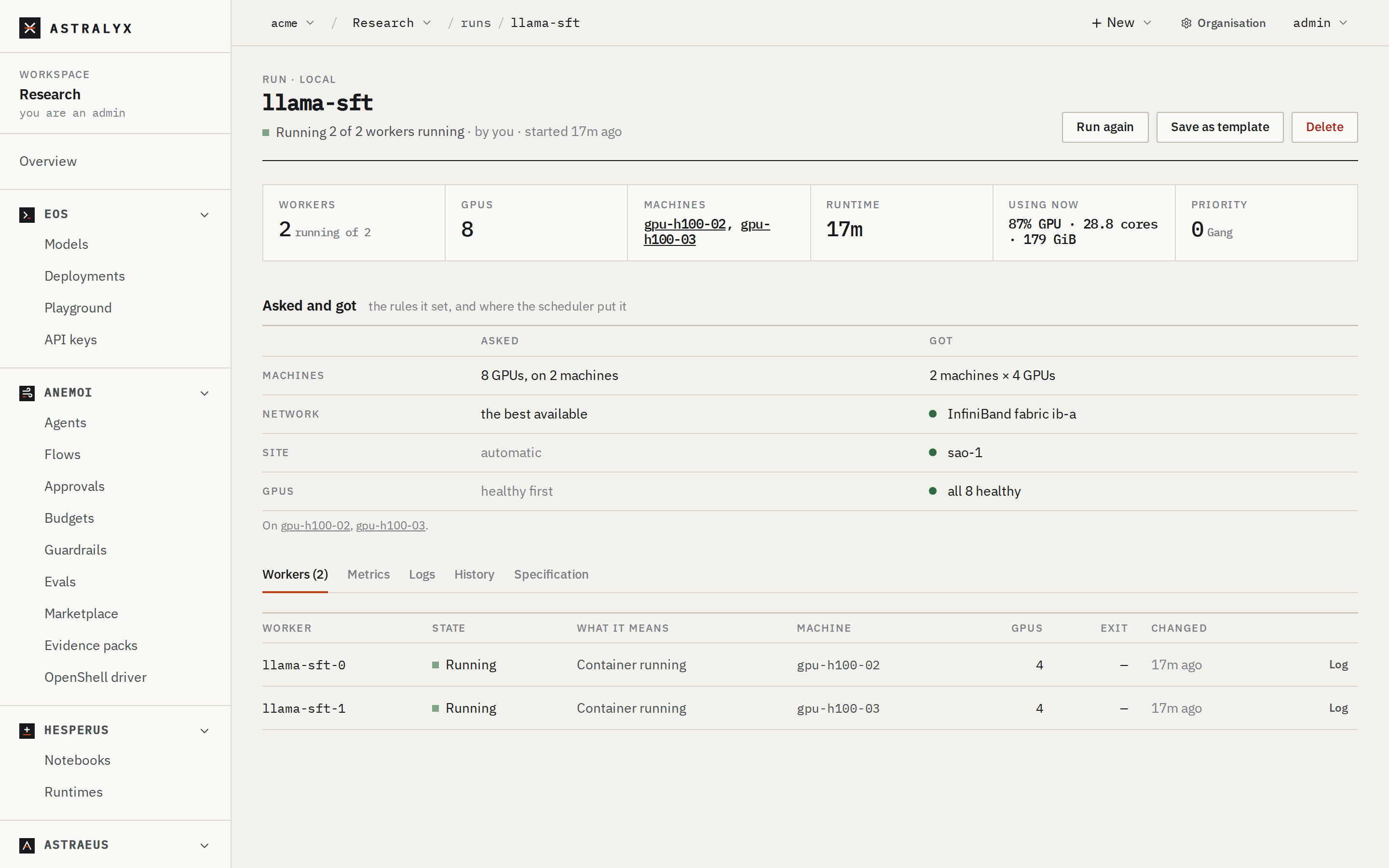 The run's page with its worker running