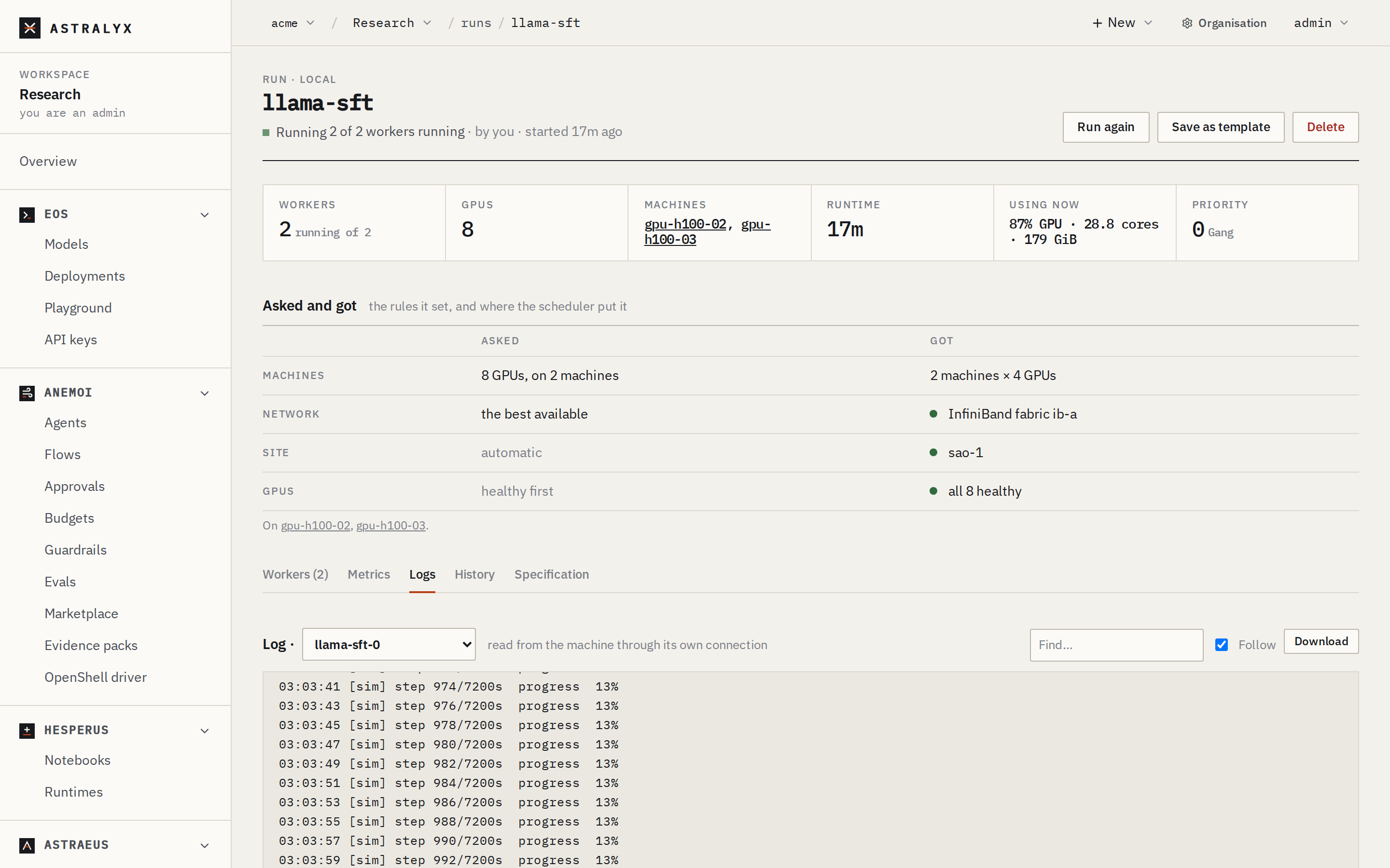 A run's page showing its log