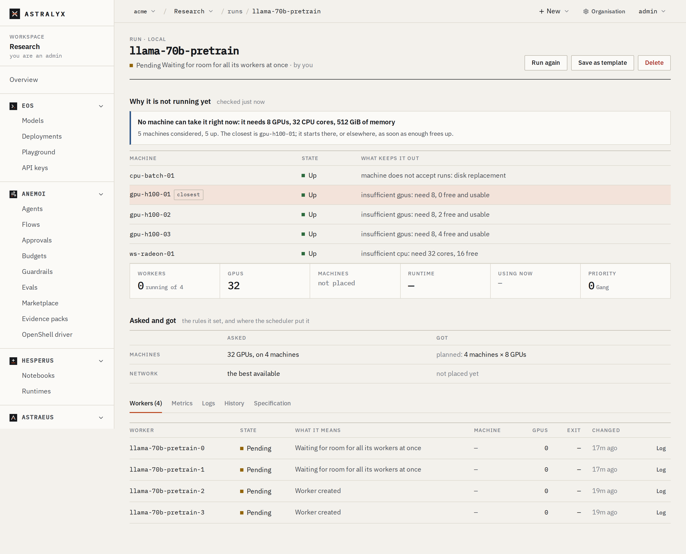 A run's page explaining why it is not running yet, machine by machine