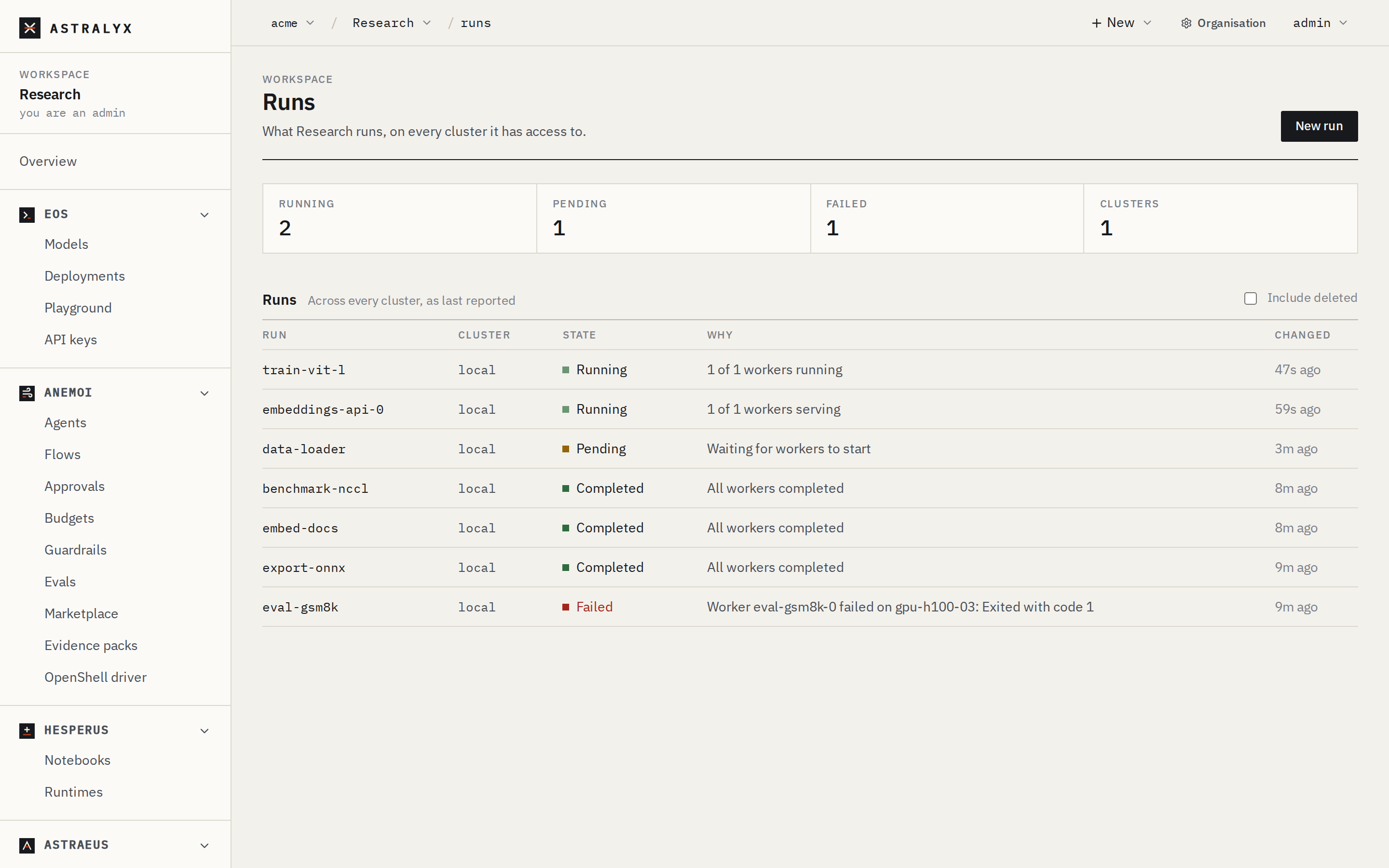 The Runs page of a workspace, with running, pending and failed runs