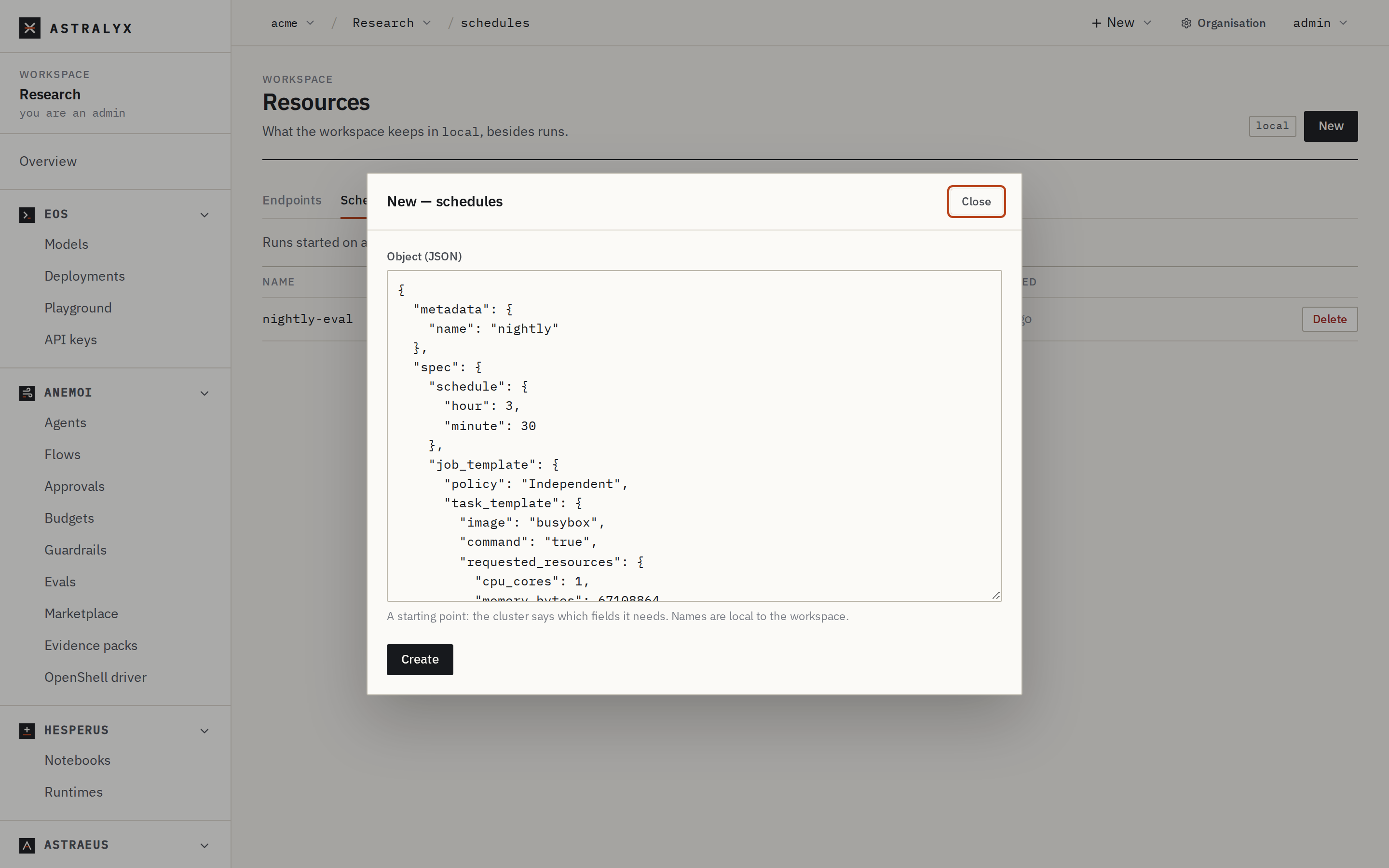 The New schedule dialog on the Resources page