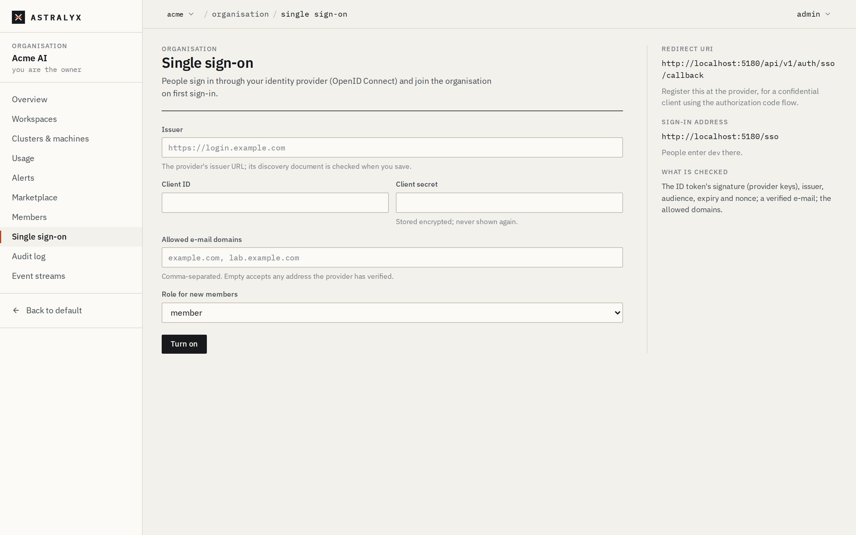 Single sign-on settings with an issuer, a client ID and allowed domains
