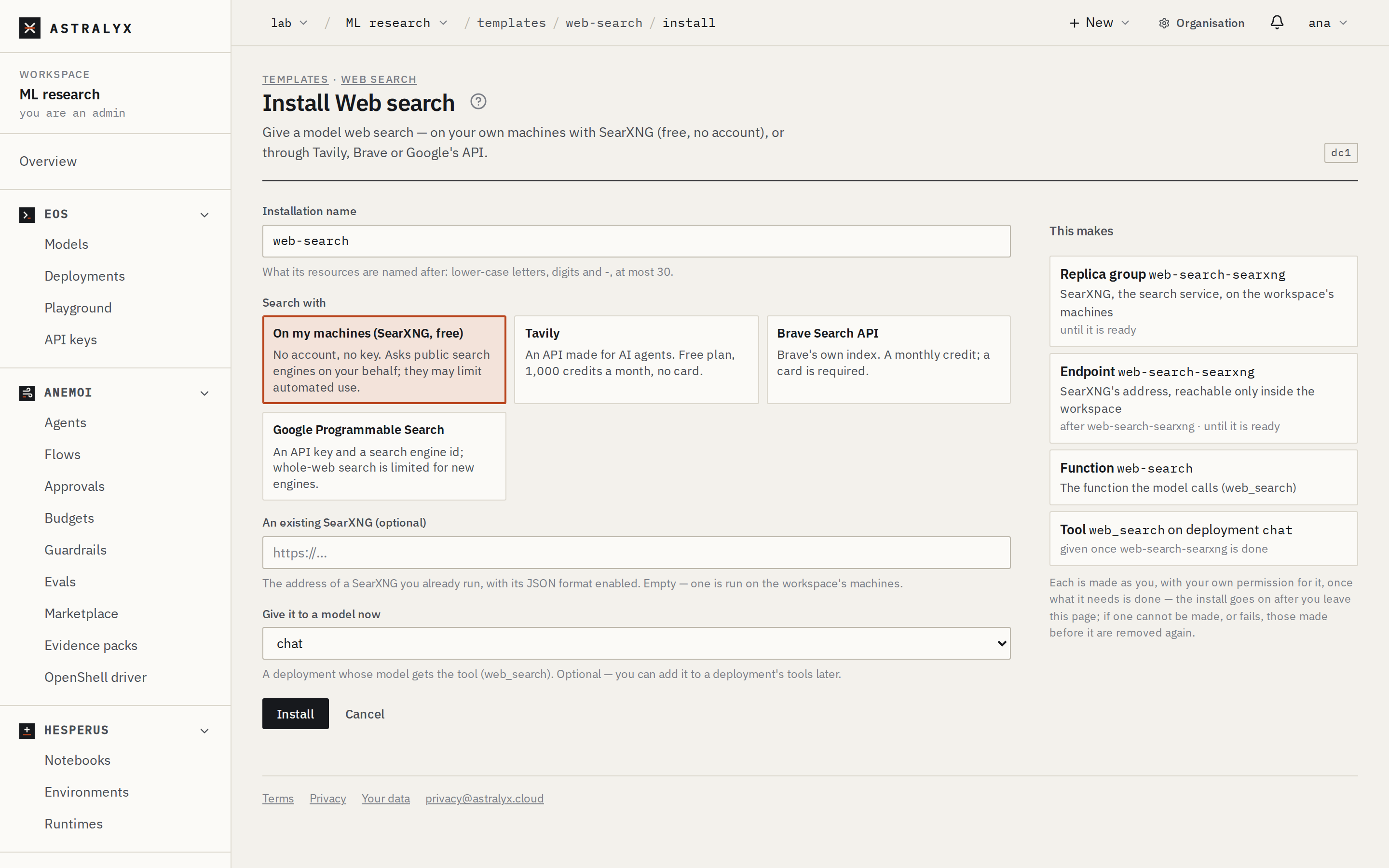 The install form of Web search