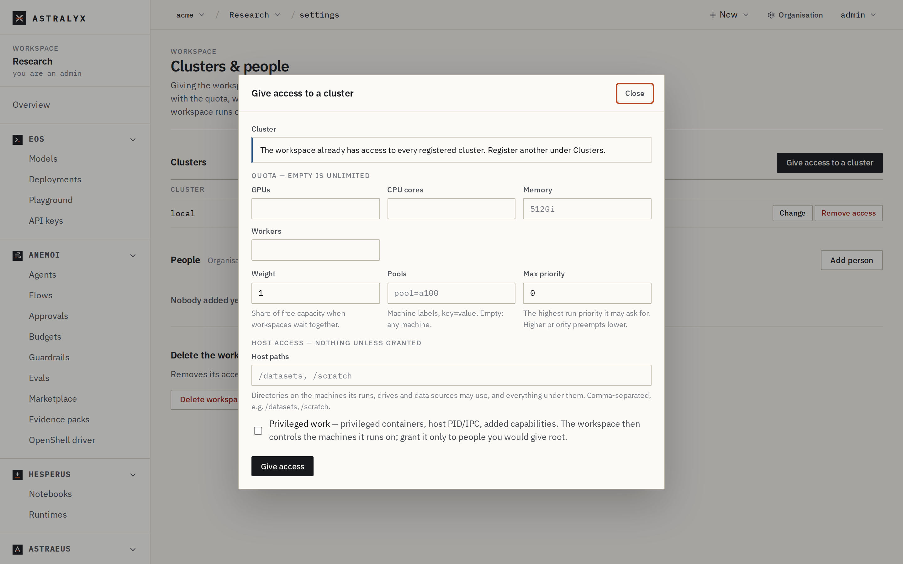 Giving a workspace access to a cluster