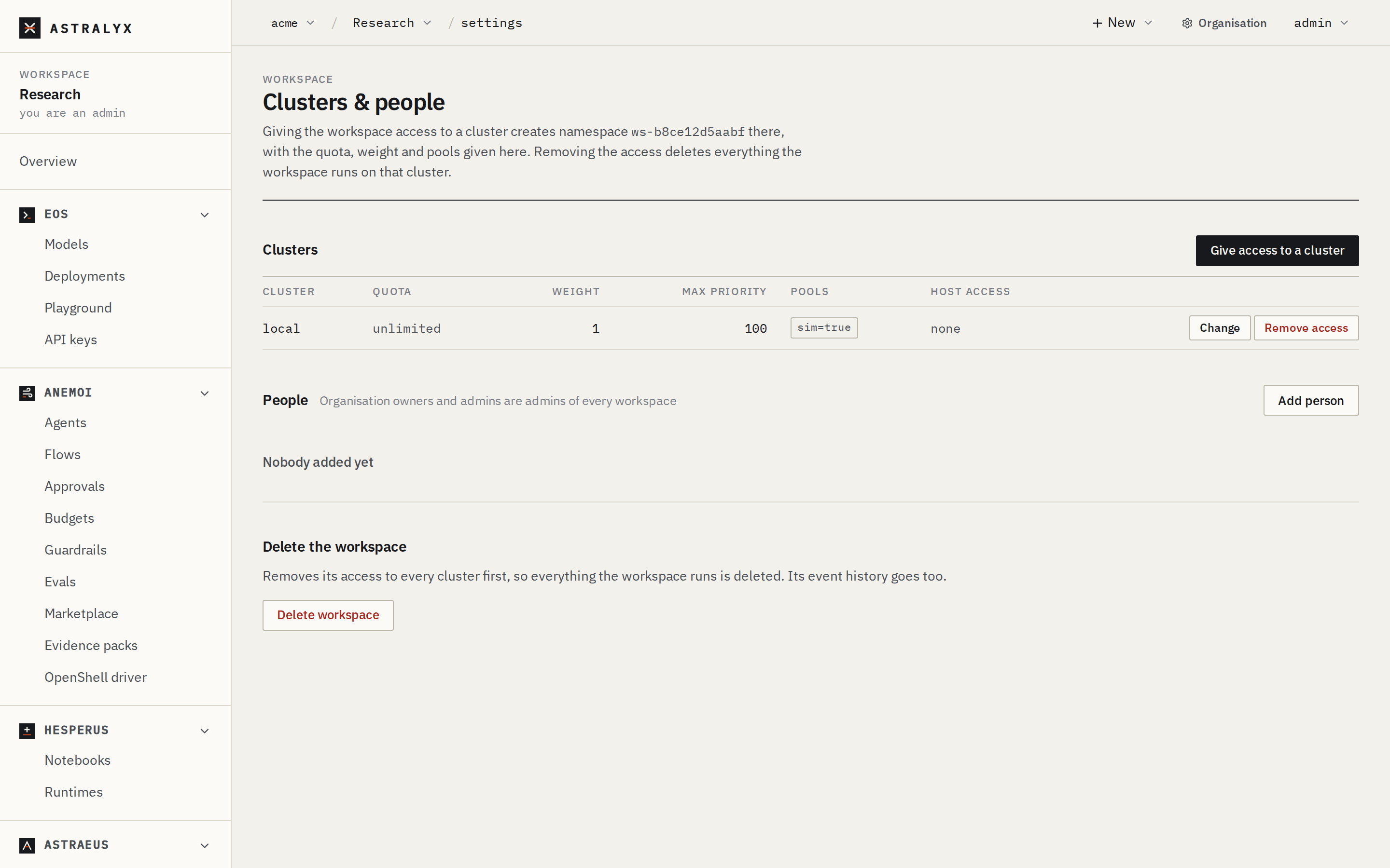 The workspace's Clusters & people page, with access to two clusters