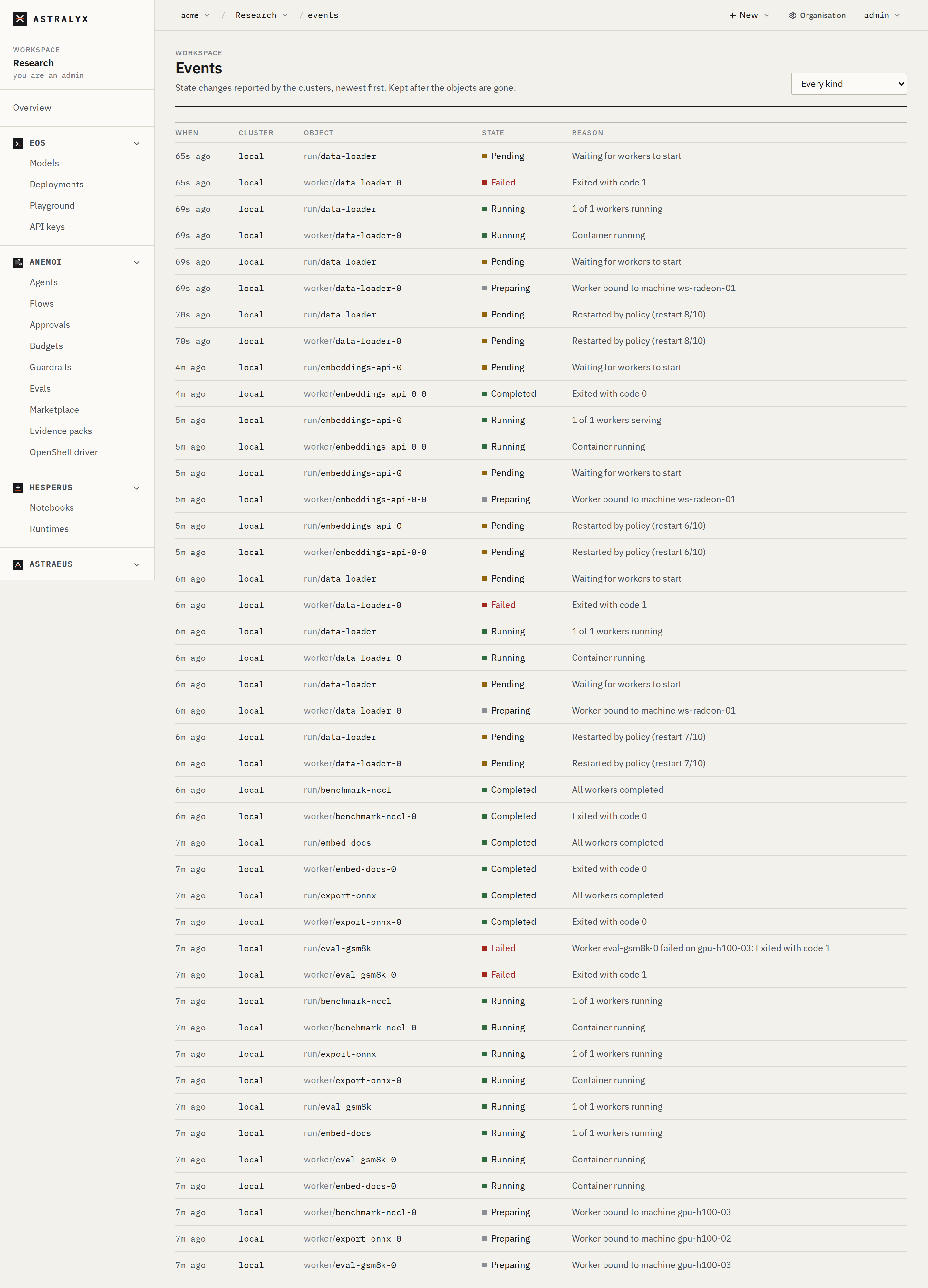 A workspace's Events page filtered to runs