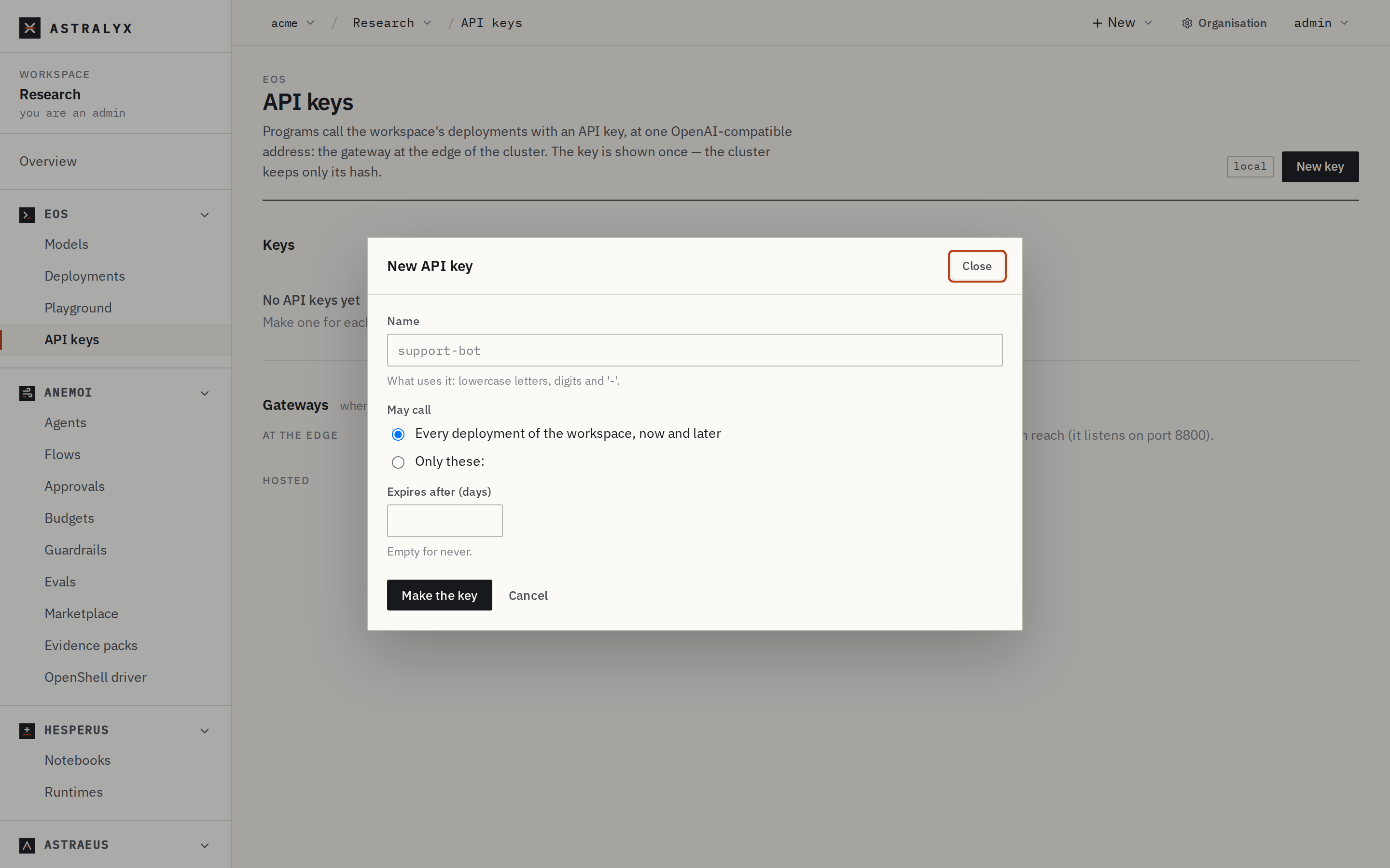 The New API key dialog