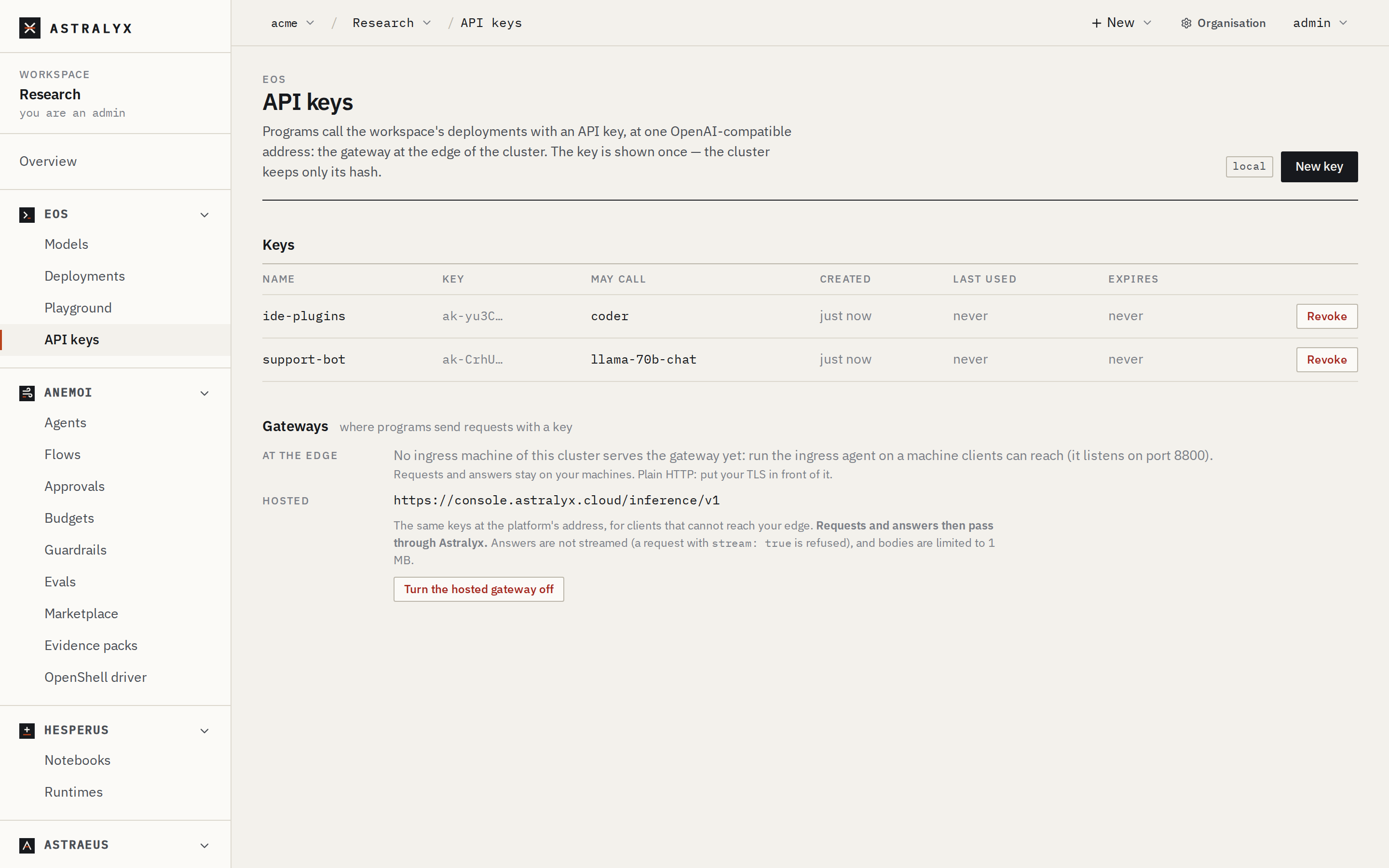API keys and the workspace's gateways