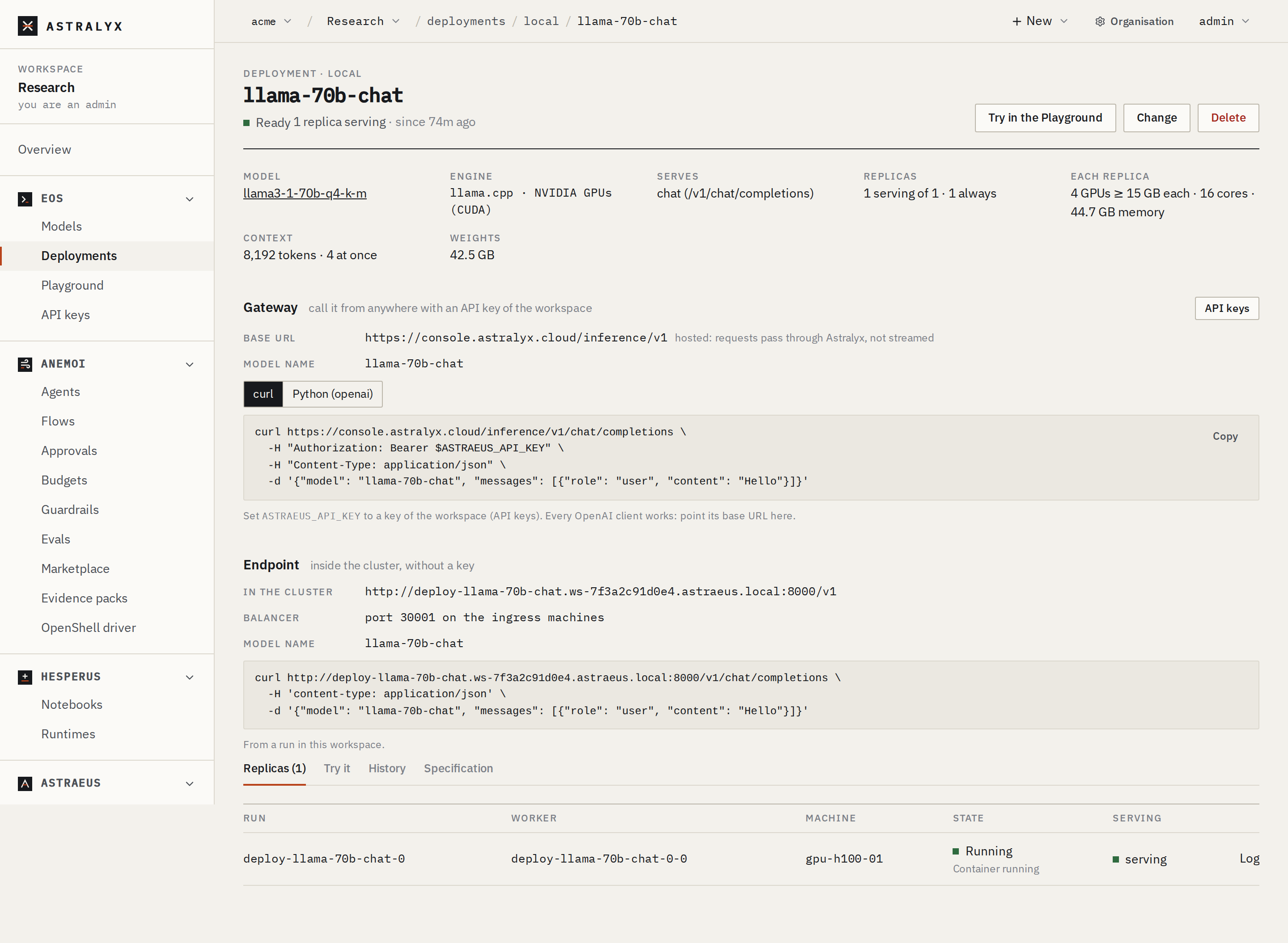 A deployment's page: gateway, endpoint and replicas