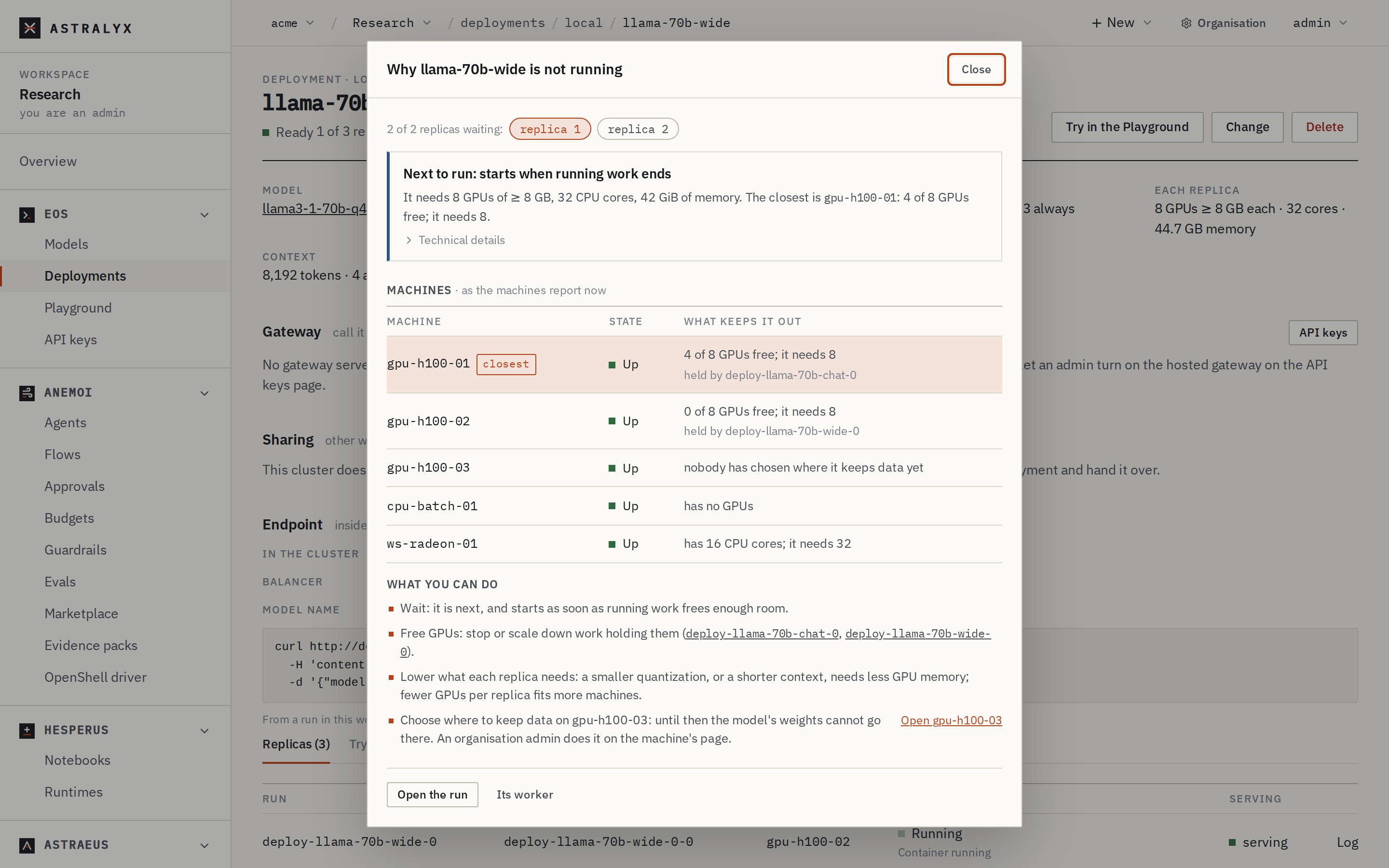 The Why? dialog for a deployment whose replicas wait