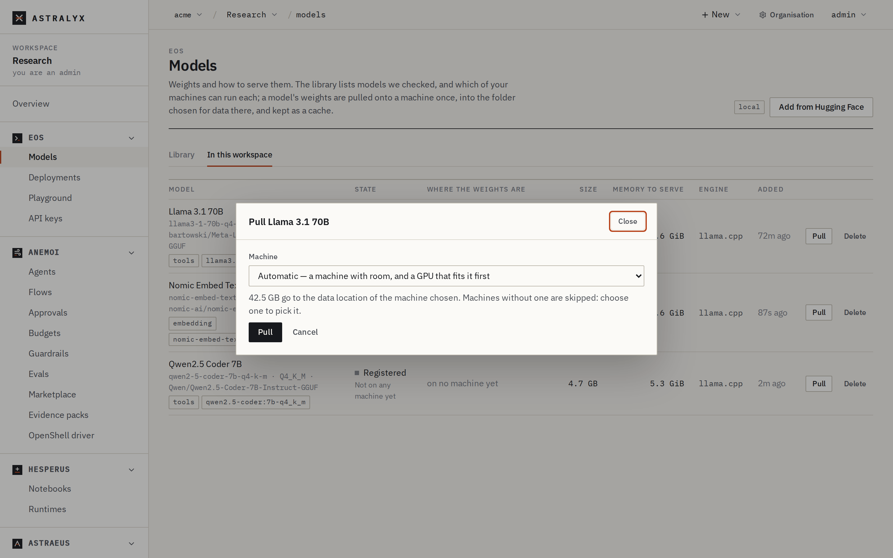The Pull dialog
