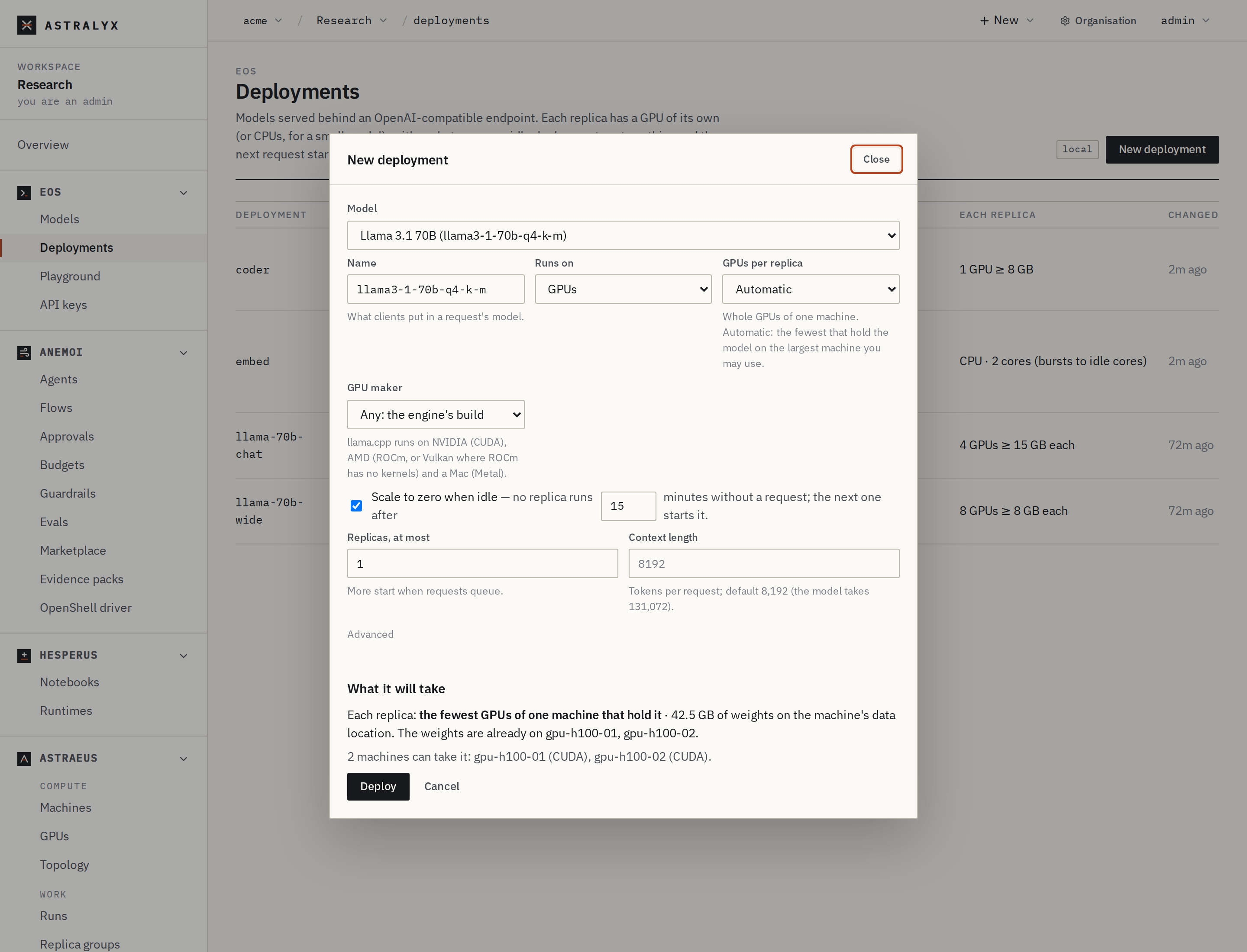 The New deployment form